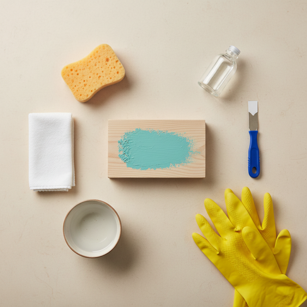An overhead professional photo showcasing an organized collection of items for safe and effective paint removal from wood. In the center, a small block of light-colored wood exhibits a distinct, dried paint stain. Arranged around it are various tools and materials: a soft sponge, a clean microfiber cloth, a small plastic scraper, a small, unmarked bottle suggestive of a mild cleaning solution, a small bowl of water, and a pair of yellow protective gloves. The composition is well-lit on a neutral, light-toned surface, conveying preparation, precision, and the variety of approaches.