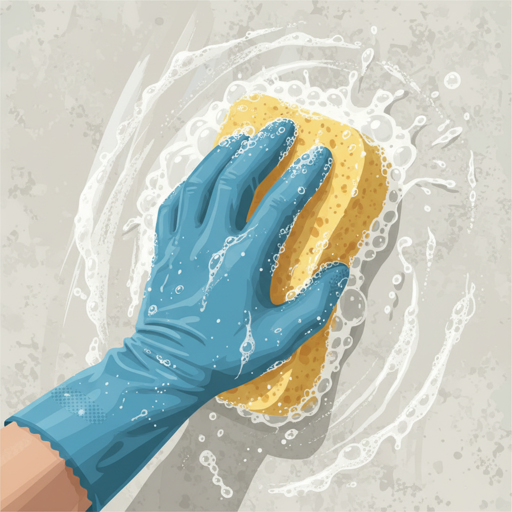 An illustration focused on the active cleaning process. A close-up view shows a hand, wearing a protective glove, holding a soft-bristled brush or a large sponge. The hand is gently scrubbing a section of a neutral-colored house facade (e.g., light grey or beige stucco). Abundant white foam and suds are visibly generated by the cleaning action, indicating a soapy solution at work. Small droplets of water are subtly splashing. The immediate background subtly hints at a previously cleaned, pristine section of the facade, suggesting progress. The style should be a crisp, detailed digital painting or a professional vector illustration, emphasizing efficacy and gentleness.