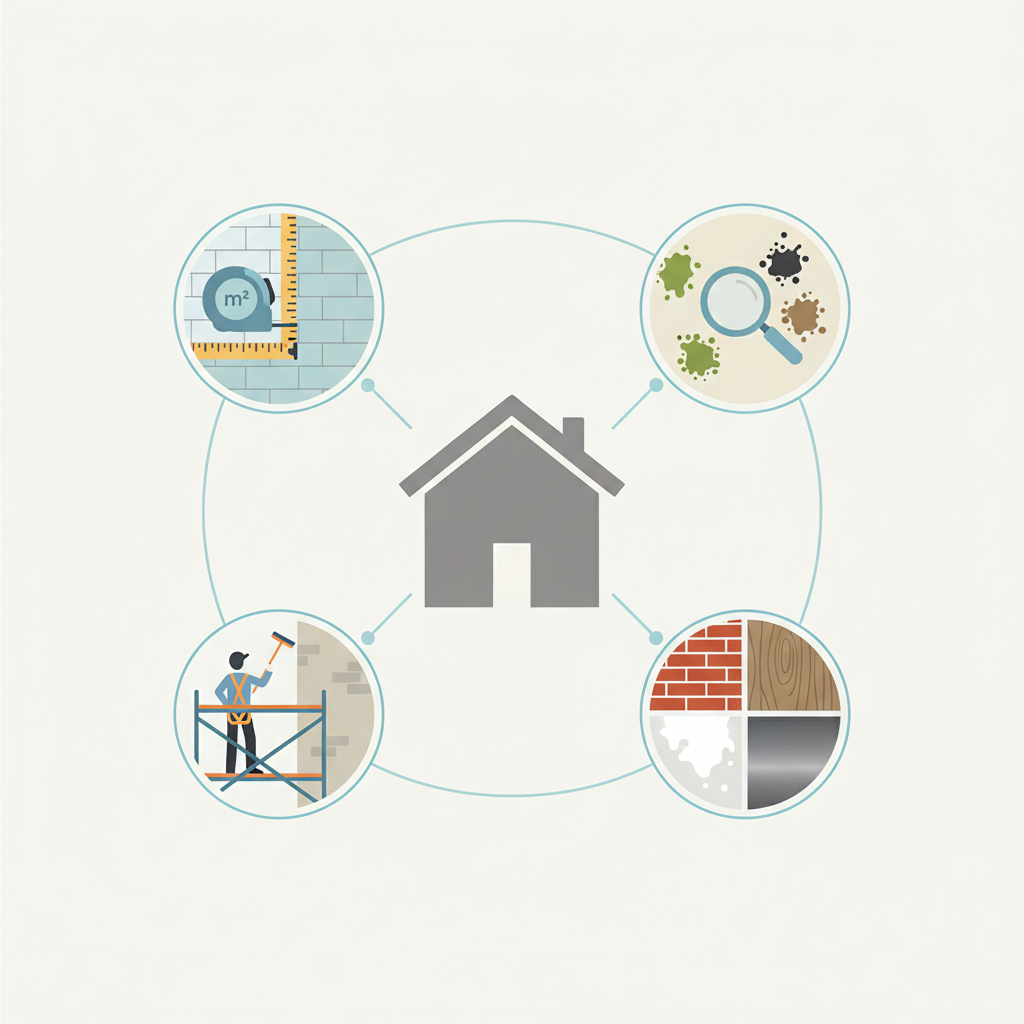 A clean, modern flat illustration visualizing multiple factors influencing facade cleaning costs. At the center, a simplified silhouette of a house facade. Radiating outwards are distinct icons representing key cost drivers: a measuring tape over a wall section for 'size (m²)', a magnifying glass inspecting various types of dirt (green algae, black mold, general grime) for 'pollution type', a worker on scaffolding reaching a high wall for 'accessibility/height', and different material textures (brick, plaster, wood) for 'facade material'. The overall composition should be clear and visually categorize these elements.