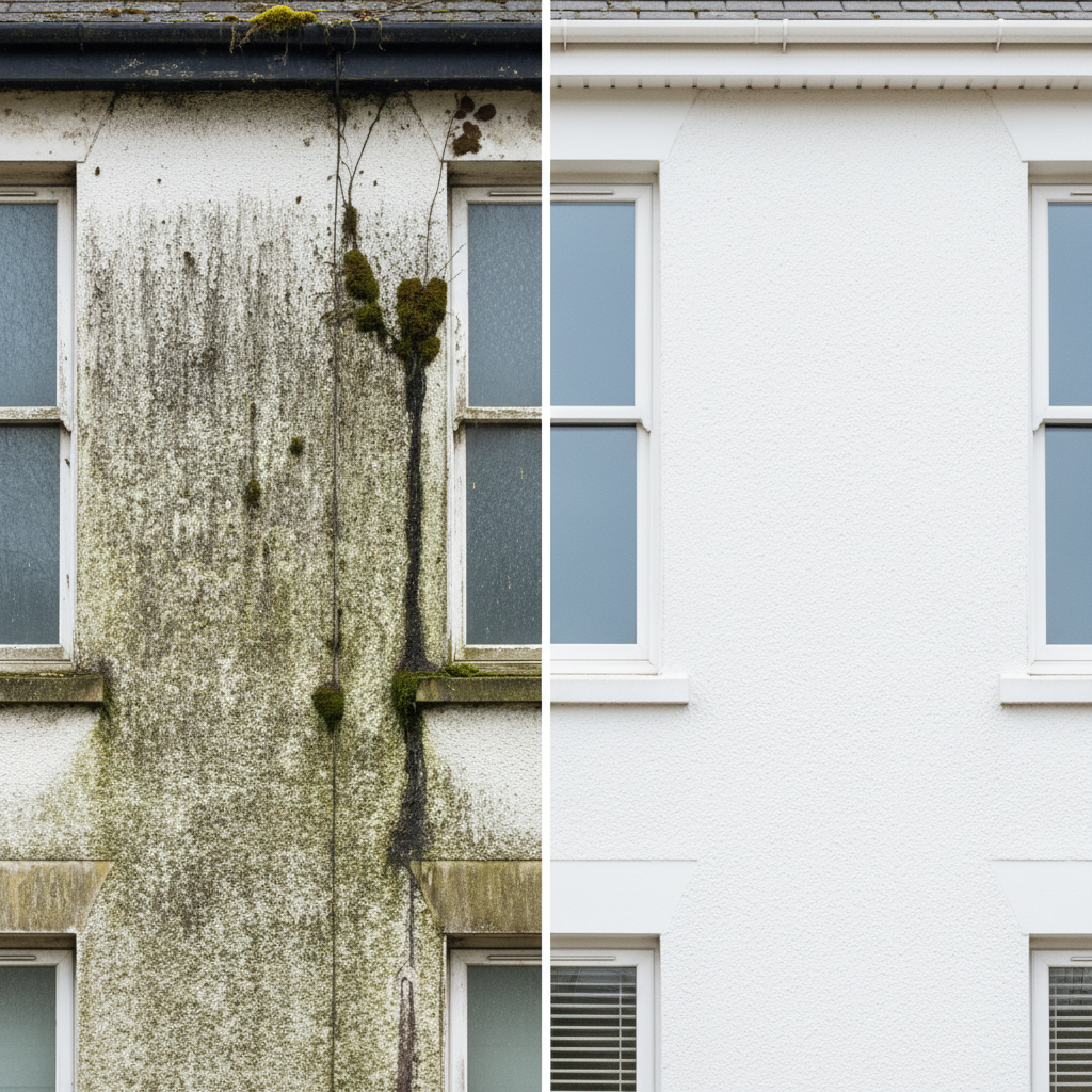 A visually striking split image or side-by-side comparison of a house facade. On the left side, the facade is visibly neglected, covered in dark green algae, black streaks of dirt, and patches of moss, looking dull and weathered. On the right side, the same facade section is sparkling clean, vibrant, and restored to its original bright color, looking pristine and inviting. The transition between the dirty and clean sections is sharp, emphasizing the dramatic improvement. Professional photo style with natural lighting, highlighting the texture of the facade material.