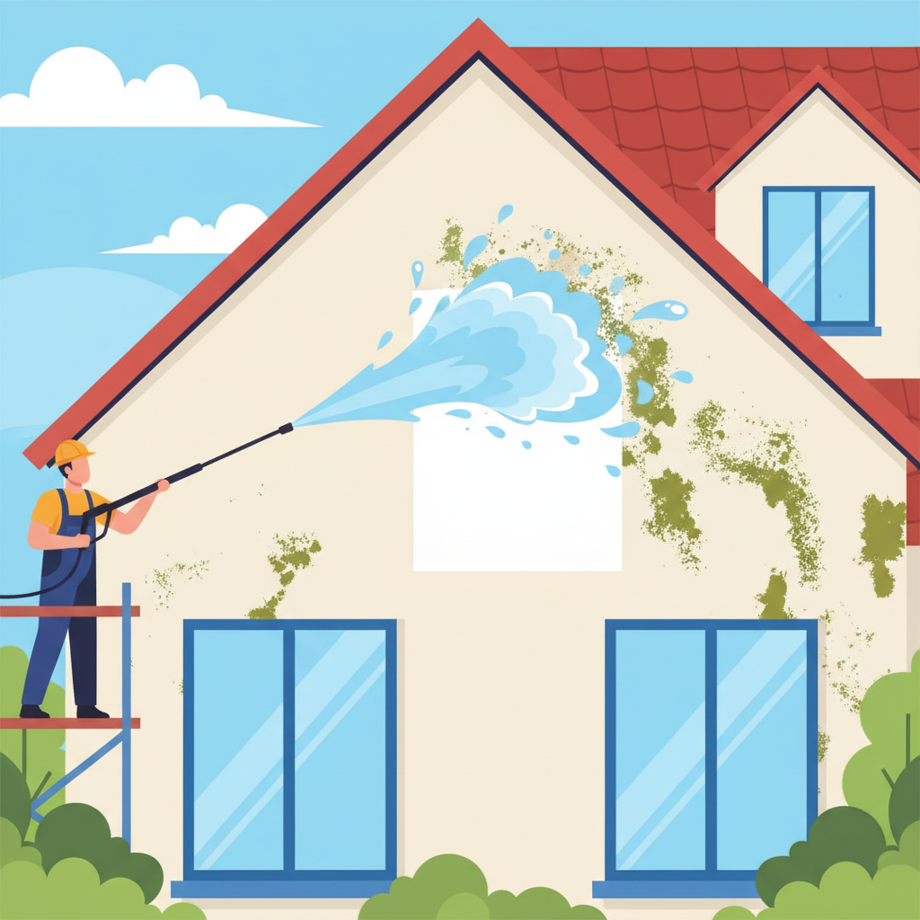 A vibrant flat illustration depicting a dynamic cleaning scene on a house facade. A figure, seen from a safe distance or partially, is operating a high-pressure cleaner, directing a powerful stream of water/cleaning solution towards a section of the wall. The wall beneath the stream is bright and clean, while the surrounding areas are still covered in noticeable green algae, moss, and dark grime. The action should convey effective removal, with subtle splashes or mist for realism. Emphasize the contrast between the dirty and rapidly cleaning surface. A clean, modern aesthetic suitable for a blog.