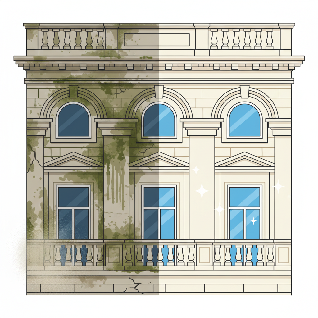 A vibrant, infographic-style illustration depicting a clear before-and-after comparison of a building facade. The left half of the image showcases a facade section heavily laden with dark green algae, patchy moss, and general environmental grime, appearing dull and aged. The right half displays the exact same facade section, now impeccably clean, bright, and fresh, highlighting renewed architectural details and vibrant colors. Subtle visual elements can accentuate the contrast; for instance, a slightly eroded texture on the dirty side versus smooth, pristine surfaces on the clean side. This visual narrative emphasizes aesthetics, protection, and value. Flat illustration style.