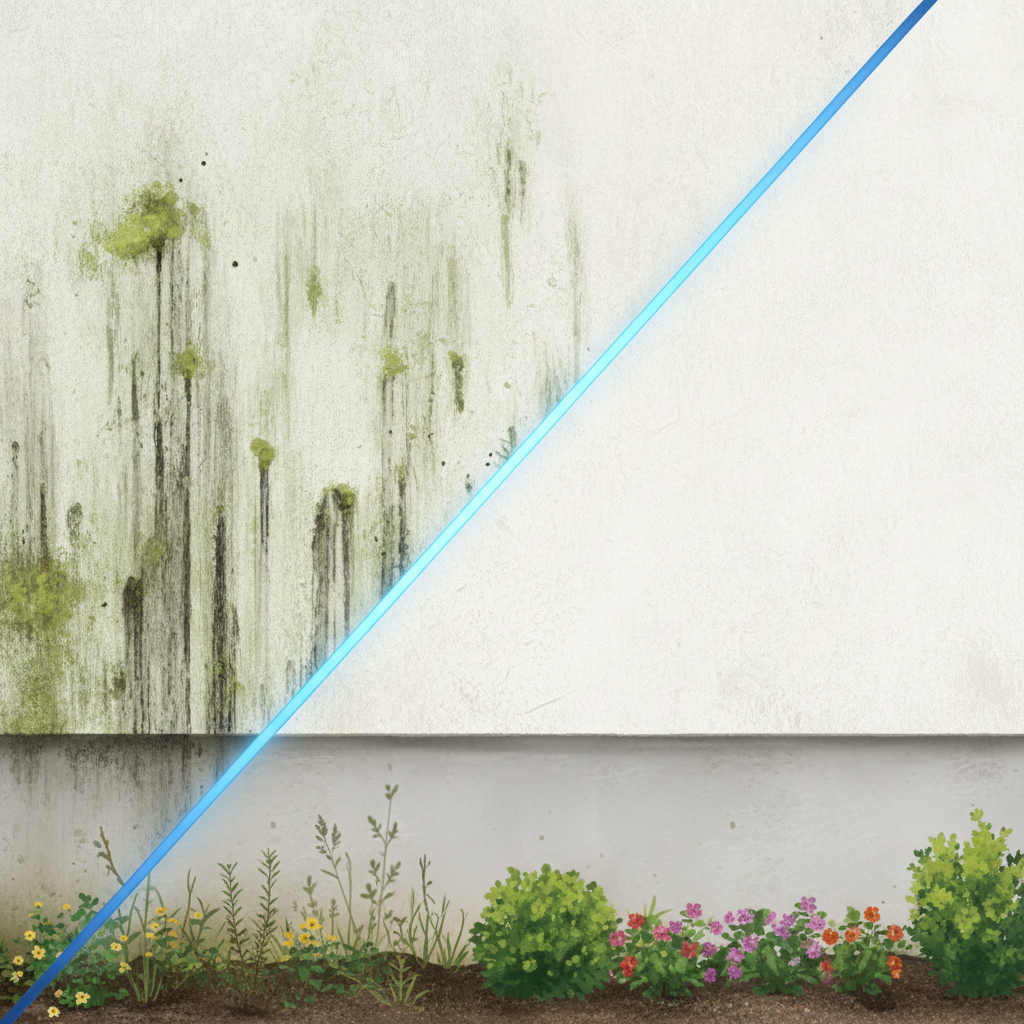 A visually striking split image or 'before and after' comparison of a house facade section. On the left, depict a residential wall covered in noticeable green algae, dark streaks of dirt, and light moss, giving it a neglected appearance. On the right, show the identical section of the wall, now sparkling clean, vibrant, and restored to its original fresh color. A subtle, clean diagonal line or a dynamic arrow visually separates the two states, emphasizing the transformation. Style: Professional photo-realistic digital illustration, focusing on clear contrast and the visual impact of cleanliness.