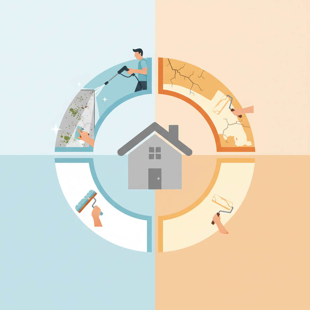 A conceptual infographic-style illustration presenting a choice between two distinct facade treatment options. From a central stylized house facade, two diverging pathways emerge. The 'cleaning' path shows a section of a wall being treated with cleaning tools (e.g., water jet, brush) effectively removing visible surface contaminants like dust, algae, and light grime, leading to a bright, refreshed outcome. The 'painting' path illustrates a section of a wall with minor cracks and peeling paint being covered by a fresh coat of paint applied with rollers, resulting in a smooth, uniformly colored new surface. Style: Clean and modern flat illustration with a clear, logical flow, using distinct color schemes for each outcome.