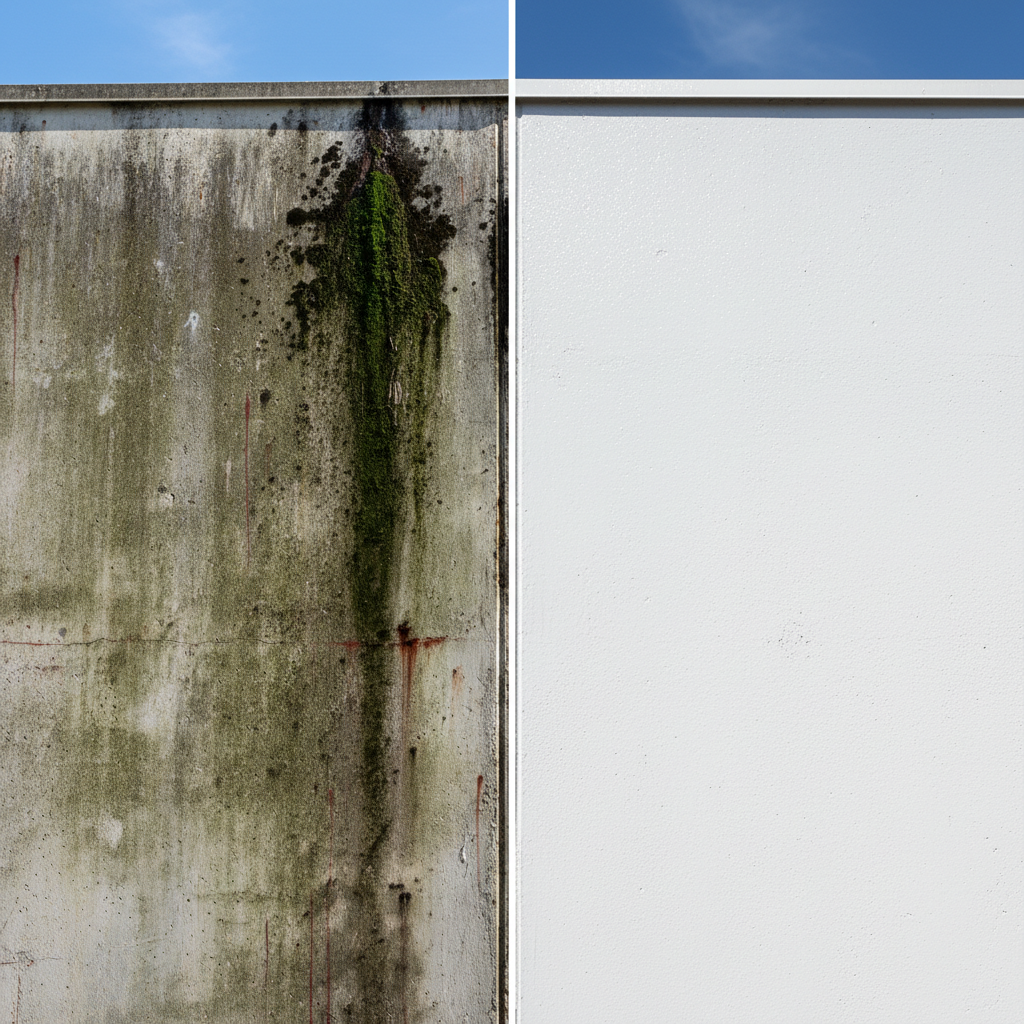 A professional, high-resolution photo or realistic digital painting of a building's exterior wall. The image should be visually split into two distinct halves: one side depicting a visibly dirty, dull facade covered with green algae, dark stains, and general grime, showing signs of wear. The other half should showcase the same facade material, but sparkling clean, vibrant, and appearing brand new, reflecting sunlight beautifully. A subtle, almost invisible, dividing line or transition should separate the 'before' and 'after' states, emphasizing the dramatic transformation achieved by cleaning. The focus is on pristine cleanliness versus heavy soiling.
