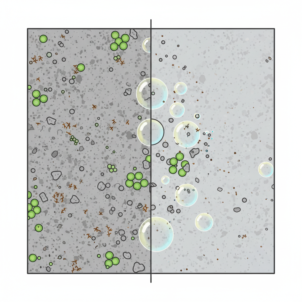 A stylized flat illustration or infographic-style image depicting a close-up cross-section of a building facade material (e.g., plaster or concrete). On one side, various microscopic elements representing common facade contaminants are clearly visible on and within the surface: green algae spores, brown moss particles, and grey dirt specks. On the other side, an abstract representation of cleaning agents (e.g., small, colored bubbles or dissolving particles) is shown actively lifting and breaking down these contaminants from the facade surface, leaving it pristine. The illustration should convey the effectiveness of the agents in removing different types of biological and inorganic dirt.