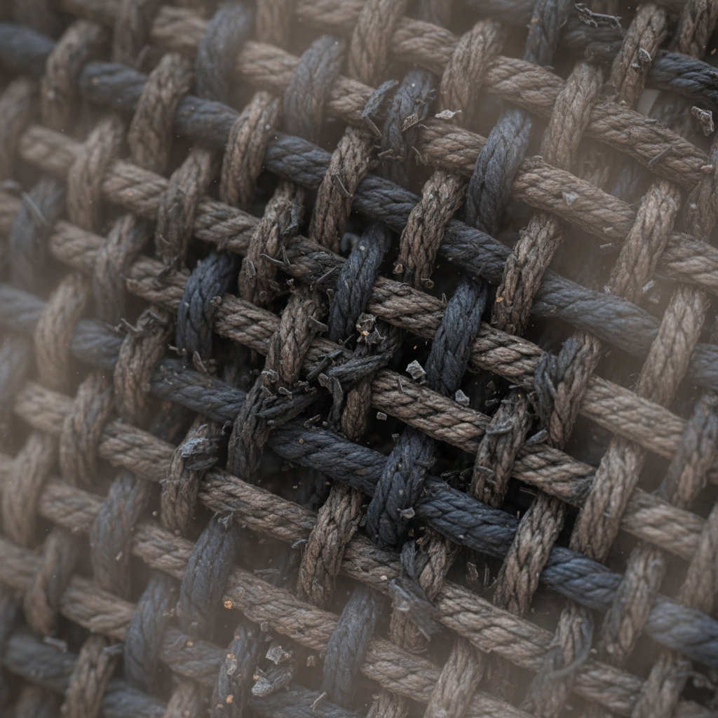 A magnified, microscopic view of interwoven fabric fibers, resembling a sofa or curtain textile. Dark, irregularly shaped particles, symbolizing smoke odor molecules, are deeply embedded within and tenaciously clinging to the individual fabric strands. Some particles appear to be surface-bound, while others are visibly burrowed into the weave, emphasizing their persistent and deep penetration. A subtle, hazy, brownish-grey cloud could subtly surround the fibers, conveying the unpleasantness of trapped smoke. Style: Detailed scientific illustration with a macro-photography aesthetic, focusing on texture and depth.