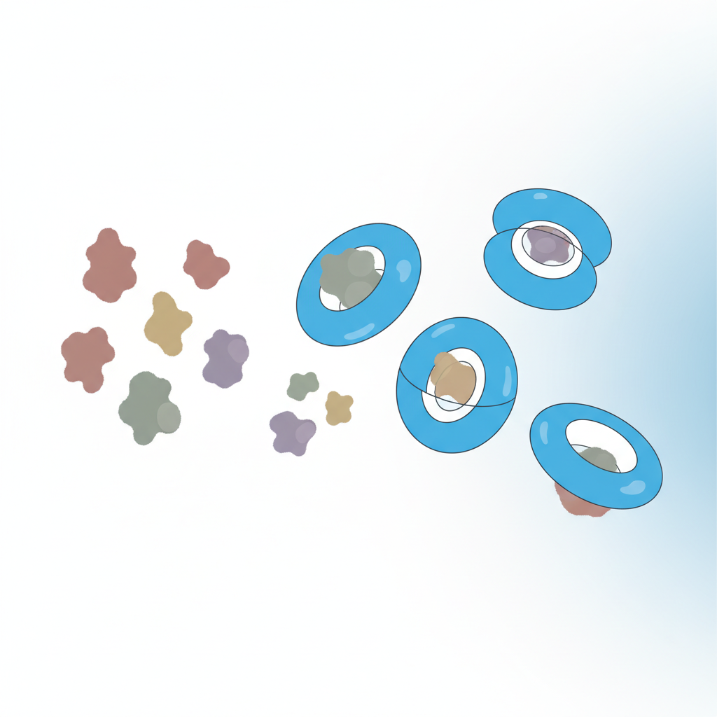 A clear, conceptual diagram illustrating molecular interaction. On the left, several distinct, irregularly shaped particles in varying dull colors (representing active smoke odor molecules) are depicted floating freely and chaotically. Moving towards the right, larger, ring-shaped molecules (symbolizing cyclodextrin) are shown actively encapsulating and binding these odor particles, effectively trapping them within their central cavity. The encapsulated odor molecules appear inert or neutralized. Style: Clean, modern flat illustration with a minimalist infographic quality, using a bright, contrasting color palette to highlight the interaction.