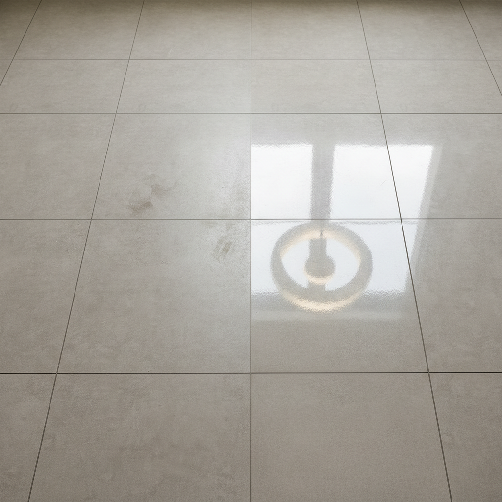 A visually striking split image or side-by-side comparison of a modern porcelain stoneware tile floor. On one side, the tiles appear dull, slightly dusty, and perhaps with a faint smudge or two, lacking vibrancy and reflecting minimal light. On the other side, the identical tiles are impeccably clean, highly reflective, and gleaming with a 'radiant shine,' showing crisp reflections of an overhead light source. The clear distinction illustrates the transformative power of proper cleaning from a drab appearance to a pristine, luxurious finish. Use a professional photo style with excellent lighting that highlights the surface texture and reflectivity.