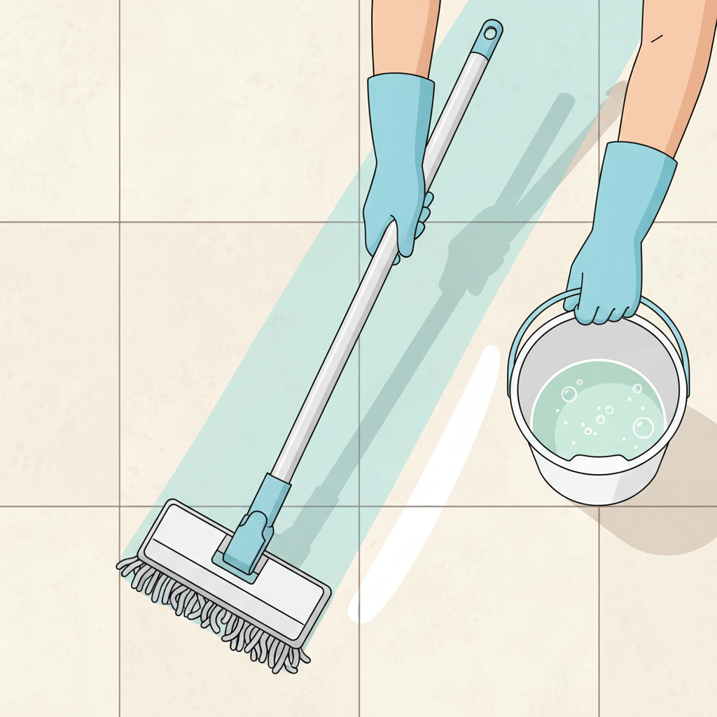 A dynamic scene from an aerial or slightly elevated perspective, showcasing a pair of hands actively engaged in cleaning a section of light-colored porcelain stoneware tiles. One hand holds a modern microfiber mop or a cleaning cloth, moving across the surface, leaving a visibly clean, slightly damp streak. Nearby, a simple, generic bucket with clear water or a subtle indication of a mild cleaning solution is present. The tiles on one side of the cleaning action appear slightly grimy or dusty, while the portion already cleaned shines. Use a modern, clean flat illustration style with crisp lines and a bright, inviting color palette, emphasizing the ease and effectiveness of the cleaning process.