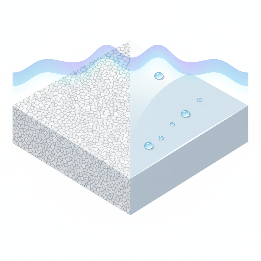 A stylized, minimalist illustration showing a cross-section of a pristine Feinsteinzeug tile. One half of the tile reveals its incredibly dense, non-porous internal structure, perhaps with tightly packed, uniform particles. The other half shows its smooth, polished surface reflecting a soft, clean light. Tiny, stylized water droplets bead perfectly on the surface without soaking in, and a subtle 'force field' effect or an invisible barrier symbolizes its resistance to dirt and bacteria. The overall impression is one of durability, impermeability, and hygiene, in a clean, modern flat illustration style with a bright color palette.