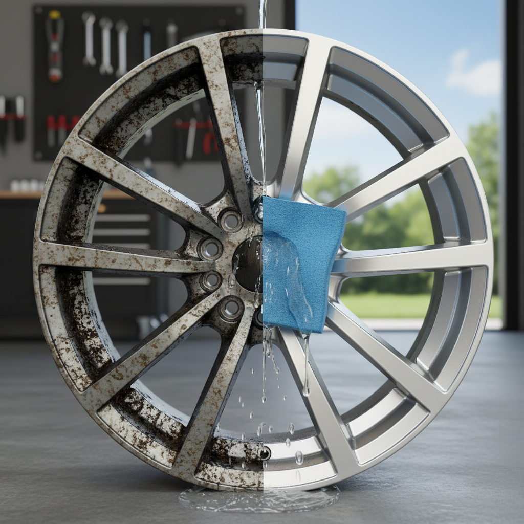 A close-up, professional photo of a car wheel rim. One half of the rim is visibly dirty with stubborn brake dust and road grime, looking dull and neglected. The other half is sparkling clean, reflecting light, showing a brilliant, polished, like-new finish. A subtle visual element, like a soft sponge or a gentle stream of water, subtly bridges the two halves, symbolizing the cleaning action. The background should be a slightly blurred, clean garage or outdoor setting, maintaining sharp focus on the rim's dramatic transformation.