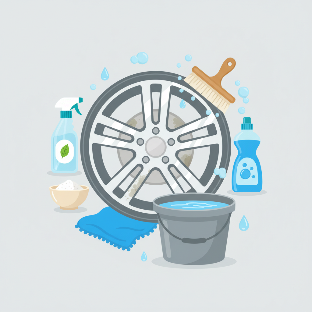 A vibrant, flat illustration depicting a collection of common household cleaning items arranged around a stylized car rim. The rim is shown in a state of being cleaned, with some areas gleaming and others showing light residue. Visible items include a generic spray bottle (implying vinegar or water), a small bowl with a paste-like substance (baking soda), a generic bottle of dish soap, a soft-bristled brush, a microfibre cloth, and a bucket of water. All elements are cleanly rendered on a light, neutral background, conveying simplicity and accessibility for DIY cleaning.