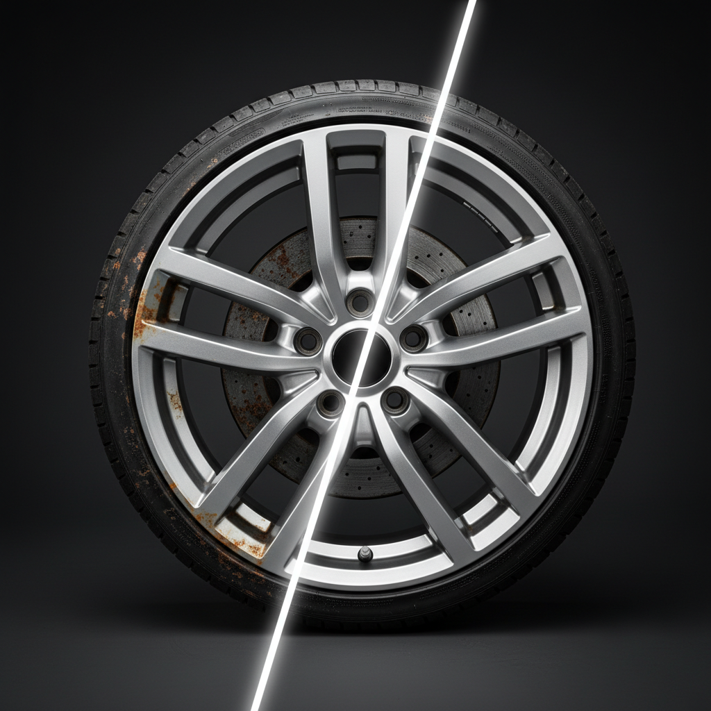 A high-contrast, visually compelling image showcasing a car wheel. One half of the wheel is heavily covered in brake dust, road grime, and light rust, appearing dull and neglected. The other half of the exact same wheel is immaculately clean, polished, and sparkling, reflecting ambient light vividly. A subtle, dynamic visual effect, like a streak of light or a gentle fade, divides the dirty from the clean section, emphasizing the transformative effect of cleaning. Professional studio photography style, focusing on crisp detail and dramatic lighting.