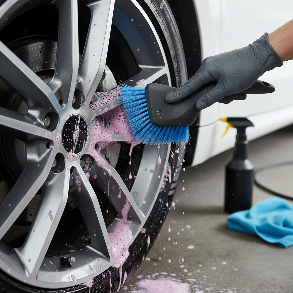 A close-up, dynamic shot of a car wheel undergoing professional cleaning. A gloved hand (partially visible in the frame) meticulously scrubs an intricate alloy wheel spoke with a specialized soft-bristled brush. Visible elements include a thick, colored cleaning foam actively dissolving stubborn brake dust and dirt, creating a satisfying visual of grime being lifted away. In the blurred background, hints of professional cleaning tools like spray bottles or a microfiber towel are subtly visible. Photorealistic illustration with rich detail, emphasizing the action and effectiveness of the cleaning process.
