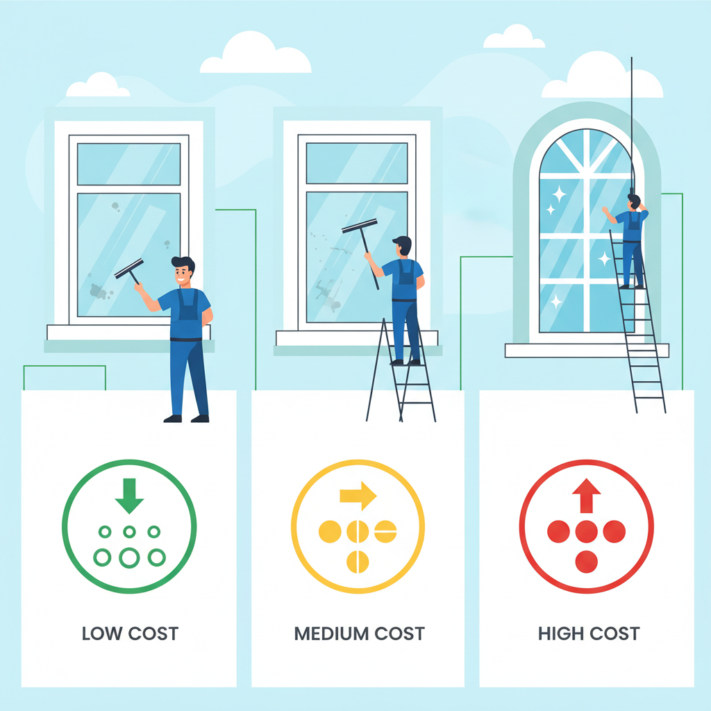 An infographic-style illustration depicting various window cleaning scenarios and their associated cost factors. On the left, a ground-floor window with a professional cleaner easily reaching it, showing a 'low cost' visual indicator. In the center, a larger, second-story window requiring a small ladder, showing a 'medium cost' visual indicator. On the right, a high-rise or attic window needing a tall ladder or specialized equipment, indicating a 'high cost' visual indicator. Subtle details like light dirt on some windows and sparkling clean on others. Clean, modern flat illustration with a clear visual hierarchy.
