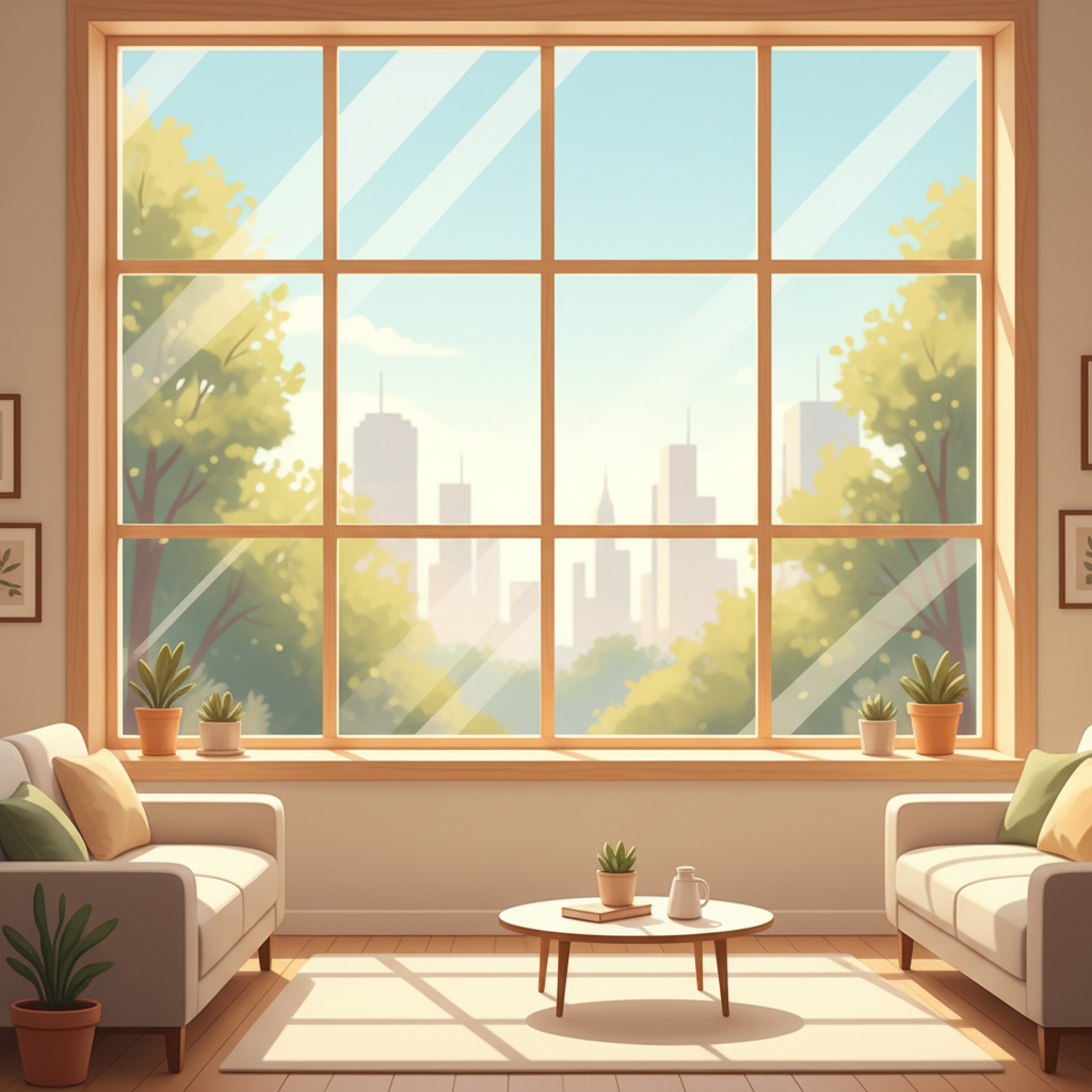 A vibrant, bright illustration showcasing a large, sparkling clean window through which warm sunlight streams into a cozy, minimalistic living room. The window panes are impeccably clear, reflecting the sunlight. Outside, a slightly blurred background of green trees or a pleasant city view, emphasizing the clarity of the glass. The window frame and windowsill are also pristine. A clean, professional aesthetic with soft, inviting colors. No human figures or overt cleaning equipment present, just the result of a perfectly cleaned window.