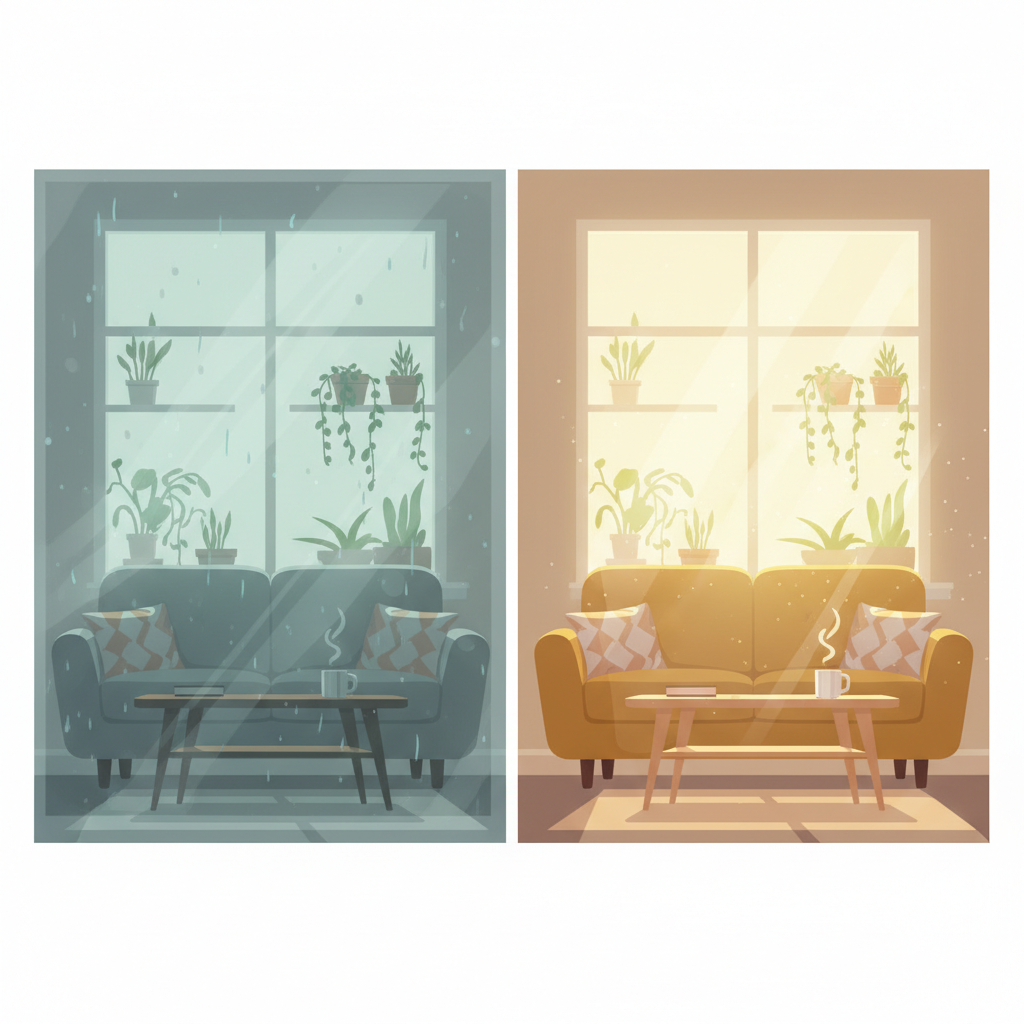 A captivating split image illustrating the dramatic difference clean windows make. On the left side, a windowpane appears dull and streaked with dirt, obstructing natural light, making the indoor scene behind it feel dim and uninviting. On the right side, the same window is sparkling clean, allowing abundant, warm sunlight to flood into the room, illuminating a vibrant, cozy interior space. The contrast should be stark, emphasizing the enhanced brightness and positive atmosphere. Use a modern, flat illustration style with soft gradients to convey warmth and cleanliness.
