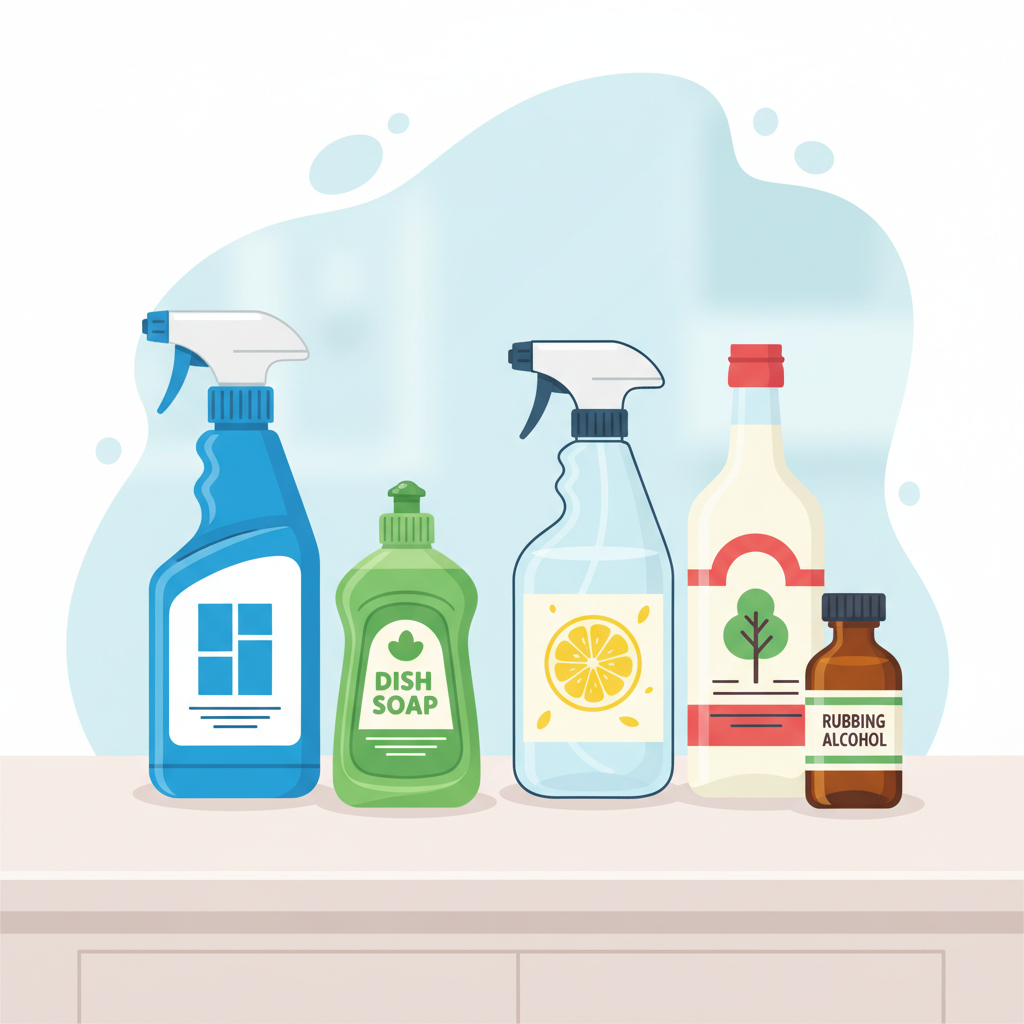 A vibrant, flat illustration depicting various window cleaning solutions arranged neatly on a sleek, light-colored surface. On one side, a modern spray bottle of commercial window cleaner stands beside a small bottle of dish soap. On the other side, a simple spray bottle filled with a clear liquid representing a homemade solution, accompanied by a generic bottle of white vinegar and a small bottle of rubbing alcohol. The background is softly blurred, emphasizing the cleaning agents. The overall aesthetic should be clean, organized, and inviting, visually summarizing the different options for readers.