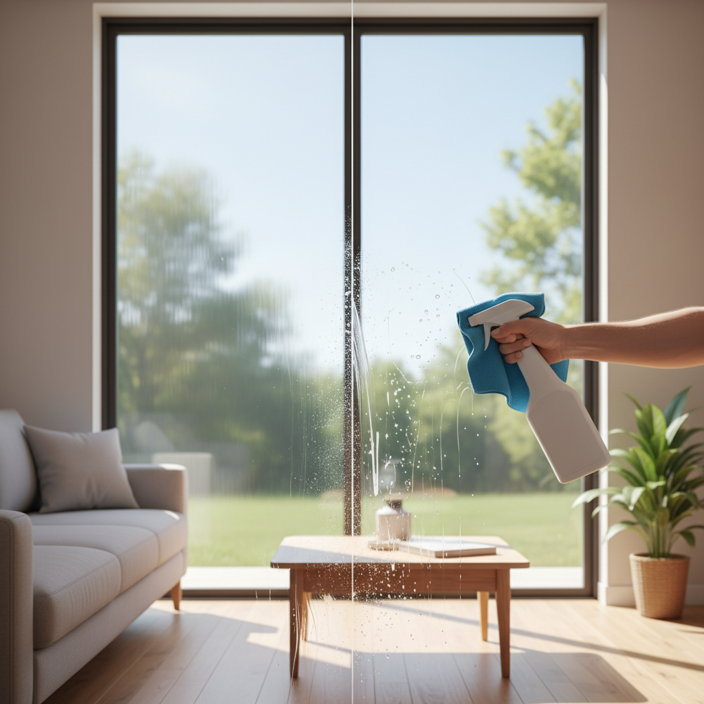 A professional photo of a modern, bright living room. A large window serves as the focal point, visibly divided into two sections. One section is noticeably smudged and dull, slightly blurring the outdoor view. The other section is sparkling clean, reflecting sunlight beautifully and offering a crystal-clear panorama of green trees outside. A person's hand is mid-action, holding a generic spray bottle and a microfiber cloth, in the process of cleaning the window, emphasizing the contrast. The overall mood is fresh and inviting, highlighting the dramatic transformation.