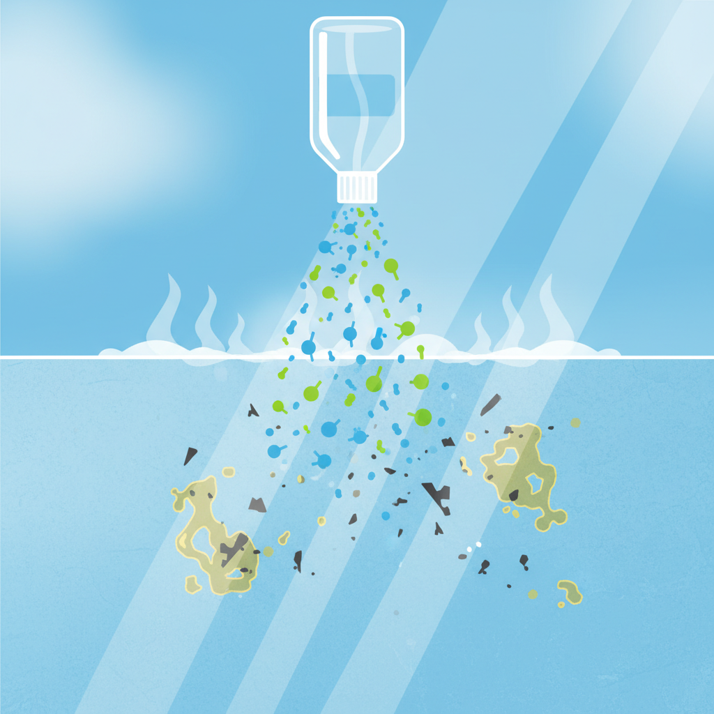 An infographic-style illustration depicting the microscopic action of Spiritus on a window pane. The bottom half of the image shows a glass surface with stylized, abstract grease molecules and dirt particles clinging to it. From a generic spray bottle (no brand/text), a cloud of small, energetic alcohol molecules (represented by fast-moving abstract shapes) descends upon the glass, actively breaking apart and lifting the dirt. Above the glass, subtle upward-flowing vapor lines illustrate rapid evaporation, leaving the upper half of the pane perfectly clear and reflective. The color palette should be clean, using cool blues, vibrant greens, and crisp whites.