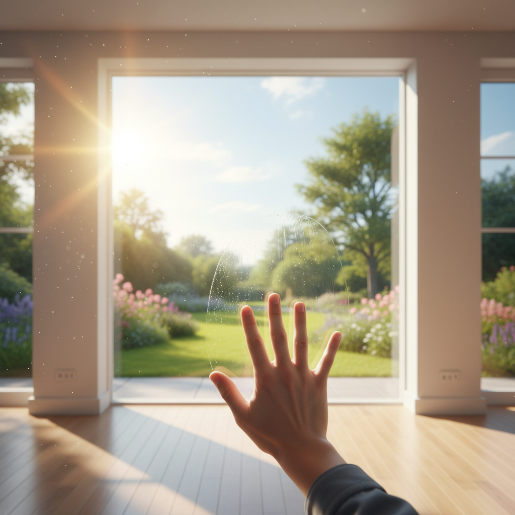 A bright, professional photo featuring a sparkling, streak-free window through which vibrant sunlight streams into a modern, airy room. The view outside is exceptionally clear, perhaps a lush green garden or a beautiful sky. In the foreground, subtly out of focus, a hand gestures as if wiping the last imaginary streak, emphasizing the ease and effectiveness of the cleaning process, and highlighting the positive impact of increased natural light.