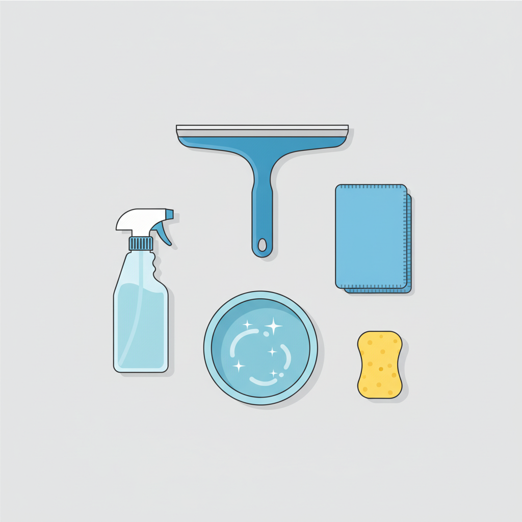 A clean, organized flat illustration depicting the essential tools for window cleaning, arranged neatly on a light, uncluttered surface. The illustration includes a sleek window squeegee, a soft microfiber cloth, a generic spray bottle (without any visible branding or text), a bucket filled with sparkling clear water, and a small, soft sponge. The style is modern, simple, and conveys readiness and efficiency.