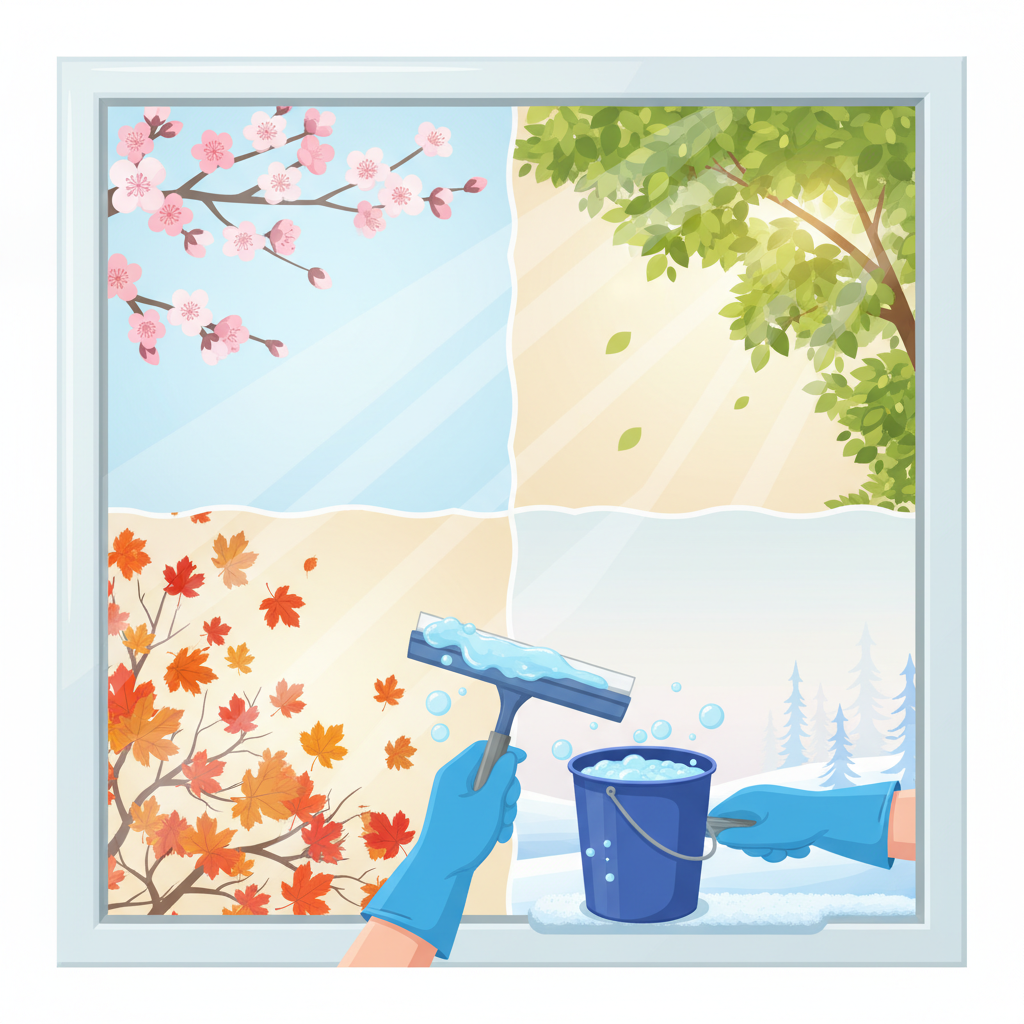 A bright, inviting vector illustration depicting a sparkling clean window. The background seen through the window subtly transitions to represent the four seasons: a hint of spring blossoms on a branch, soft summer sunlight, warm autumn leaves gently falling, and a very light, non-freezing winter frost on an outer sill. In the foreground, a pair of gloved hands holds a squeegee and a bucket of cleaning solution, implying the act of cleaning at the optimal time across the year. The overall impression is one of clarity, freshness, and seasonal readiness for window cleaning.