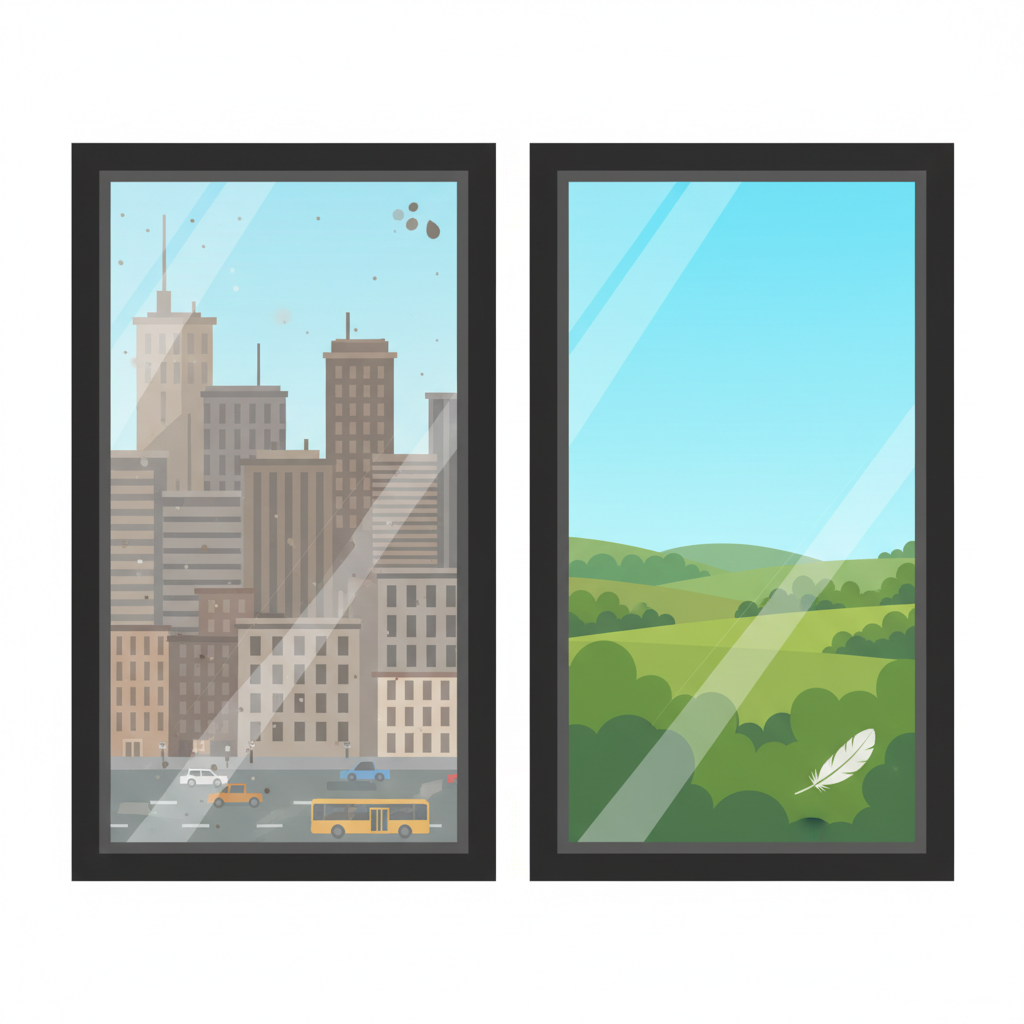 A vivid, modern flat illustration showing a split view of two distinct window environments. On the left side, a window is depicted in a bustling urban setting with buildings, a hint of traffic, and noticeable dust and grime accumulated on the glass, suggesting frequent cleaning is needed. On the right side, the same window is shown in a serene, clean rural landscape with green trees and a clear blue sky, with the glass appearing much cleaner. This contrast visually represents how location and environment influence the frequency of window cleaning.