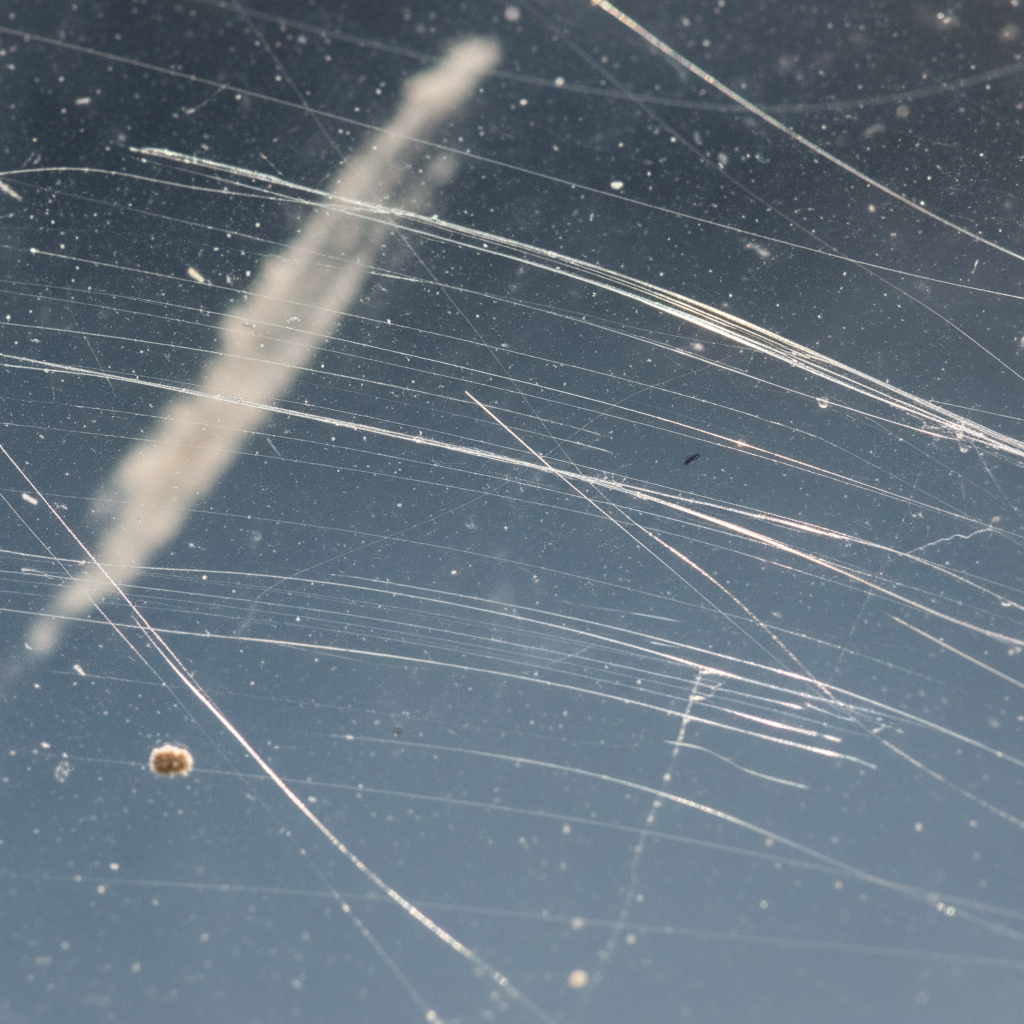 A macro, professional photo focusing on a segment of a window pane. The glass is shown with multiple visible, fine to medium scratches, catching and diffusing light slightly. In the blurred background or foreground, hints of common causes like a tiny, rough particle or a streak from an improper cleaning tool are subtly suggested without being the main subject. The overall impression is one of compromised clarity and visual imperfection due to damage, highlighting the article's core problem. The image should evoke a sense of needing restoration.