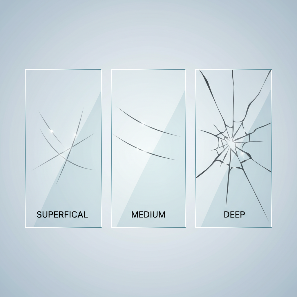 A clear, didactic illustration in an infographic style, depicting a close-up of a glass surface. The image should visually differentiate between three distinct types of scratches: superficial (represented by very fine, barely visible lines on the surface), medium (more distinct, slightly wider grooves that noticeably catch light), and deep (clearly defined, prominent indentations that significantly break the surface plane). The lighting should be bright and even, allowing for easy visual comparison of the varying depths of damage.