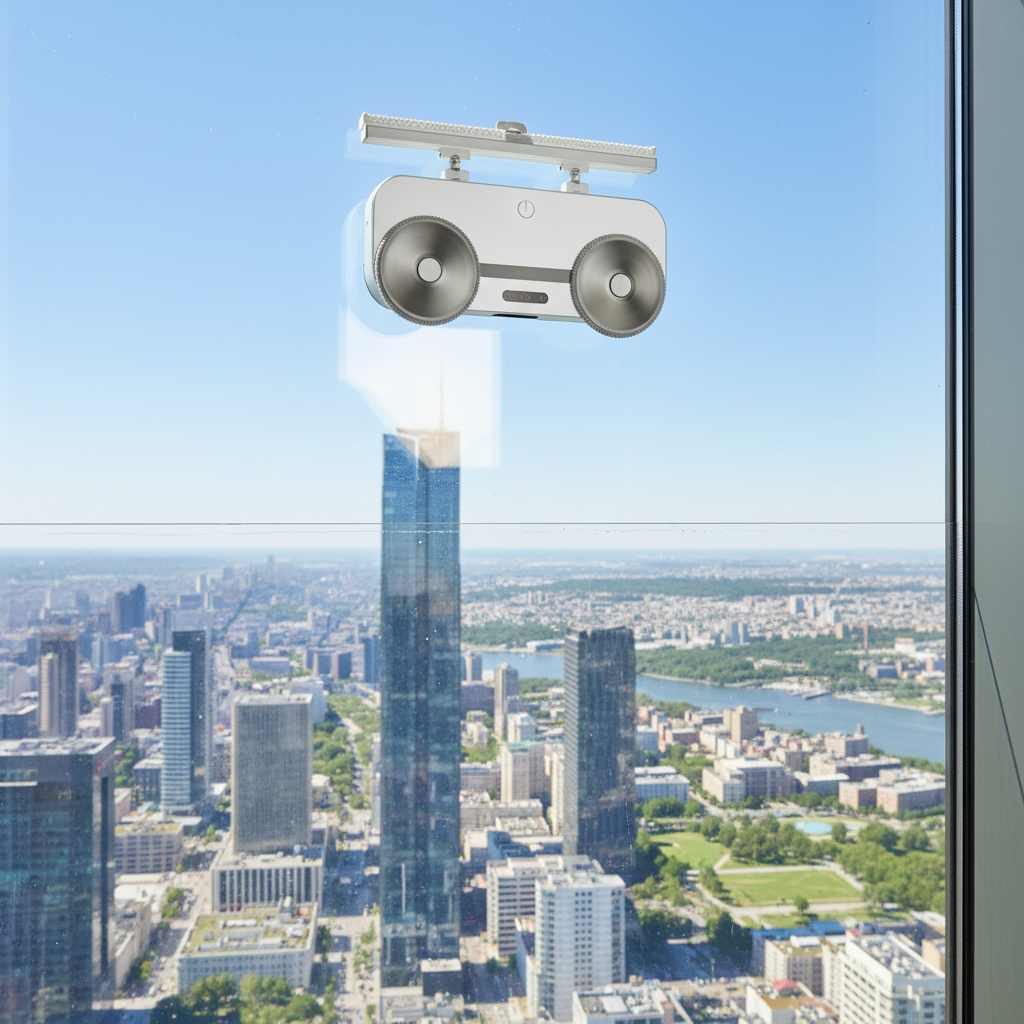 A modern, sleek window cleaning robot adheres firmly to a large, clear window of a contemporary building. The robot is actively cleaning, with visible rotating or oscillating cleaning pads, showing a subtle transition from a slightly smudged area to a sparkling clean section of the glass. The background, visible through the pristine window, is a bright, inviting cityscape or a lush green garden, emphasizing the clear view. The scene should convey efficiency, advanced technology, and effortless cleaning. Professional photo style with bright, crisp lighting.