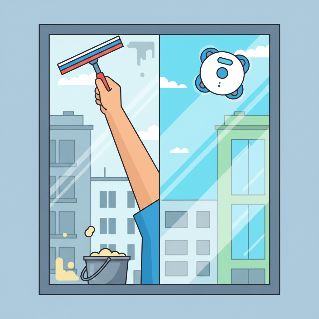 A split-scene flat illustration contrasting manual window cleaning with robotic cleaning. On the left, a human hand awkwardly struggles to reach the top of a tall window with a traditional squeegee and bucket, implying effort and potential difficulty. On the right, a compact, futuristic window cleaning robot is smoothly and autonomously navigating the same window surface, leaving a clear, streak-free path. The overall aesthetic should be clean, modern, and infographic-style, using bright, clear colors to highlight the convenience, safety, and effectiveness of the robot.