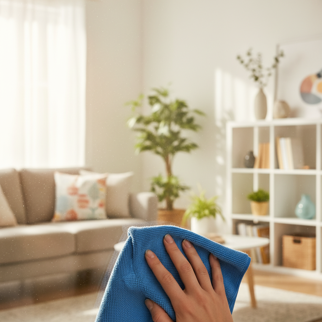 A professional, bright photograph of a pristine, sparkling window pane, with soft sunlight streaming through, highlighting its absolute streak-free clarity. In the foreground, slightly out of focus, a hand gently holds a high-quality, textured microfiber window cleaning cloth, suggesting ease and effectiveness. The background should show a clean, inviting indoor atmosphere through the transparent glass, emphasizing the 'mehr Licht' and improved ambiance gained from perfectly clean windows. The focus is on the flawless, reflective surface achieved by the right cleaning tool.