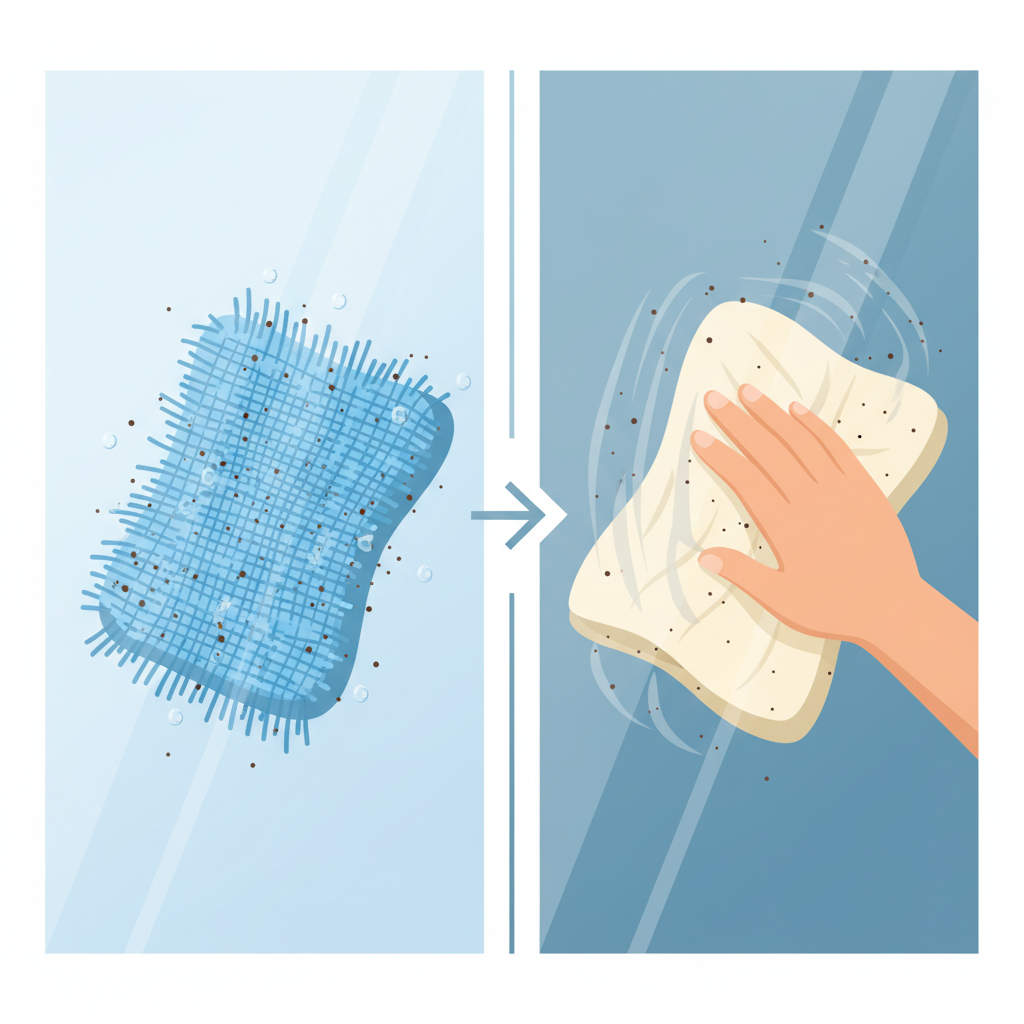 A clean, modern flat illustration in an infographic style, visually comparing the effectiveness of different window cleaning materials. On one side, a detailed representation of a blue microfiber cloth with fine, intricate, almost microscopic fibers shown actively 'grabbing' and holding dirt particles and water droplets from a glass surface. On the other side, a traditional, coarser cotton cloth is depicted, showing some dirt particles being smudged or leaving minor streaks on the glass. The illustration should clearly highlight the superior dirt-trapping and streak-free ability of microfiber.