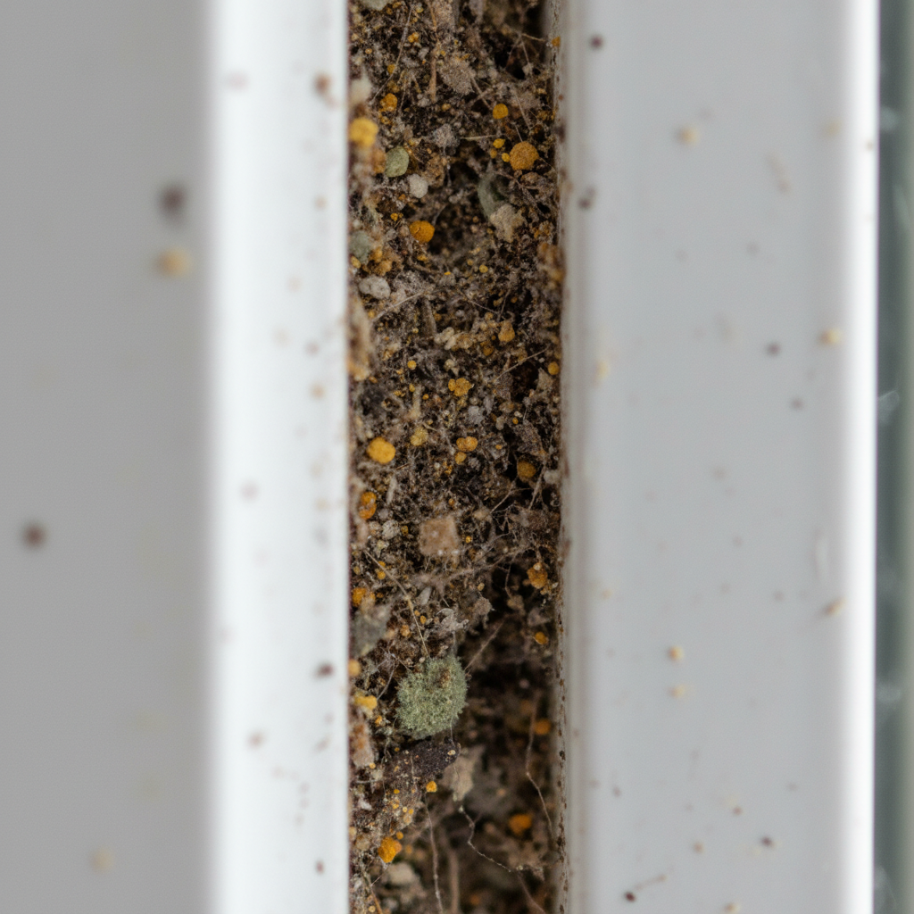 A detailed, close-up macro professional photo of a dirty window frame crevice. The focus is on the accumulation of fine dust particles, dark specks of grime, tiny pollen grains, and perhaps a subtle hint of green mold embedded deep within the narrow gap where the window sash meets the frame. Soft natural light casts gentle shadows, highlighting the textured layers of dirt. The window frame itself is a neutral, light-colored material like white PVC or light grey aluminum, allowing the unsightly dirt to stand out prominently. The image should visually emphasize the often-overlooked problem of accumulated grime.