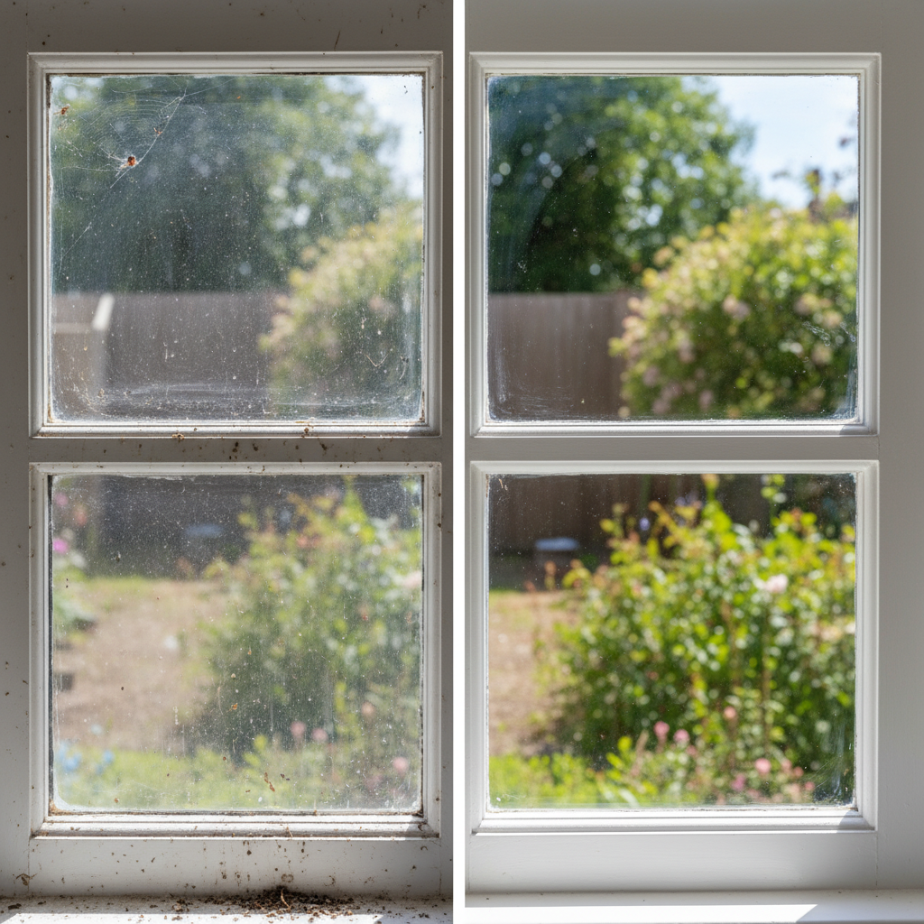 A split image showing a window frame. On the left side, the window frame is visibly dirty, covered in dust, grime, and perhaps a small spiderweb in the corner, looking dull and neglected. On the right side, the exact same window frame is sparkling clean, vibrant, and looks new, reflecting light beautifully. The overall impression should clearly convey the dramatic positive transformation. Use a professional, clean photography style with good lighting, emphasizing the contrast in cleanliness.