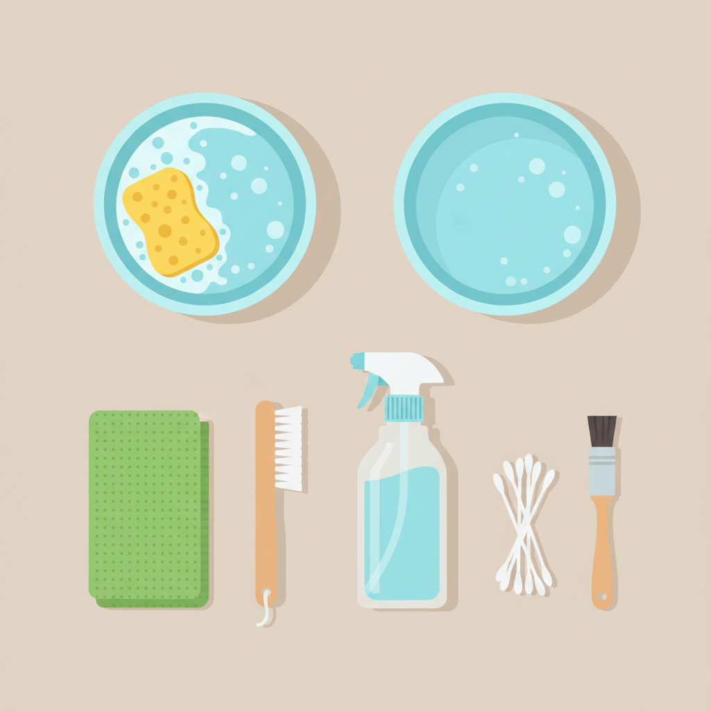 A flat lay illustration depicting essential cleaning tools and materials arranged neatly on a light, neutral background. Include items such as two buckets (one with foamy water, one with clear water), a soft sponge, a microfiber cloth, a gentle brush, a spray bottle filled with liquid (unlabeled), and cotton swabs or a small detail brush for intricate areas. The composition should be clean, organized, and inviting. Use a modern, flat illustration style with a bright, welcoming color palette.