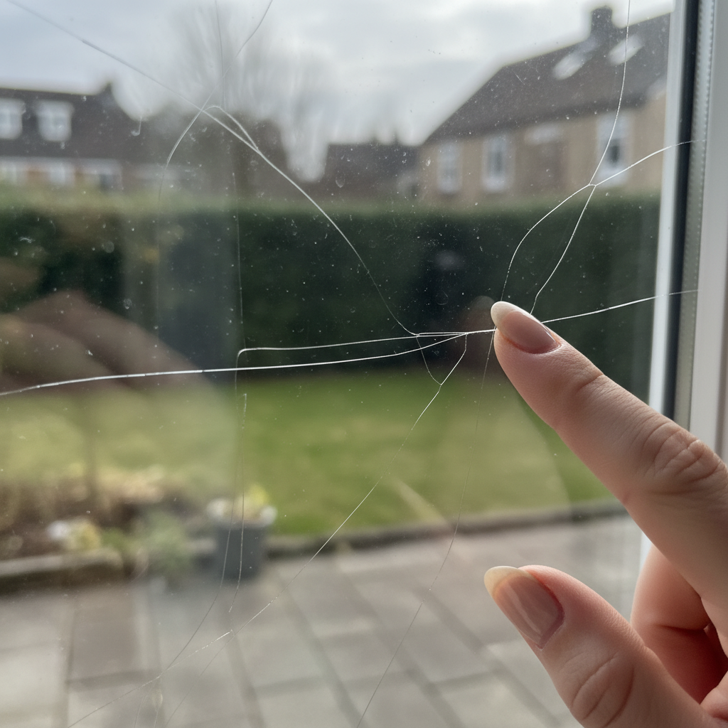 A close-up, professional photo of a window pane with visible, fine scratches on its surface. A human hand, with a well-groomed fingernail, is gently tracing one of the scratches to assess its depth, demonstrating the 'fingernail test.' The background view through the window is slightly distorted or hazy in the scratched area, contrasting with a perfectly clear, sharp view in an adjacent, unscratched section of the glass, symbolizing the before and after of scratch removal. The lighting is bright, highlighting the imperfections.