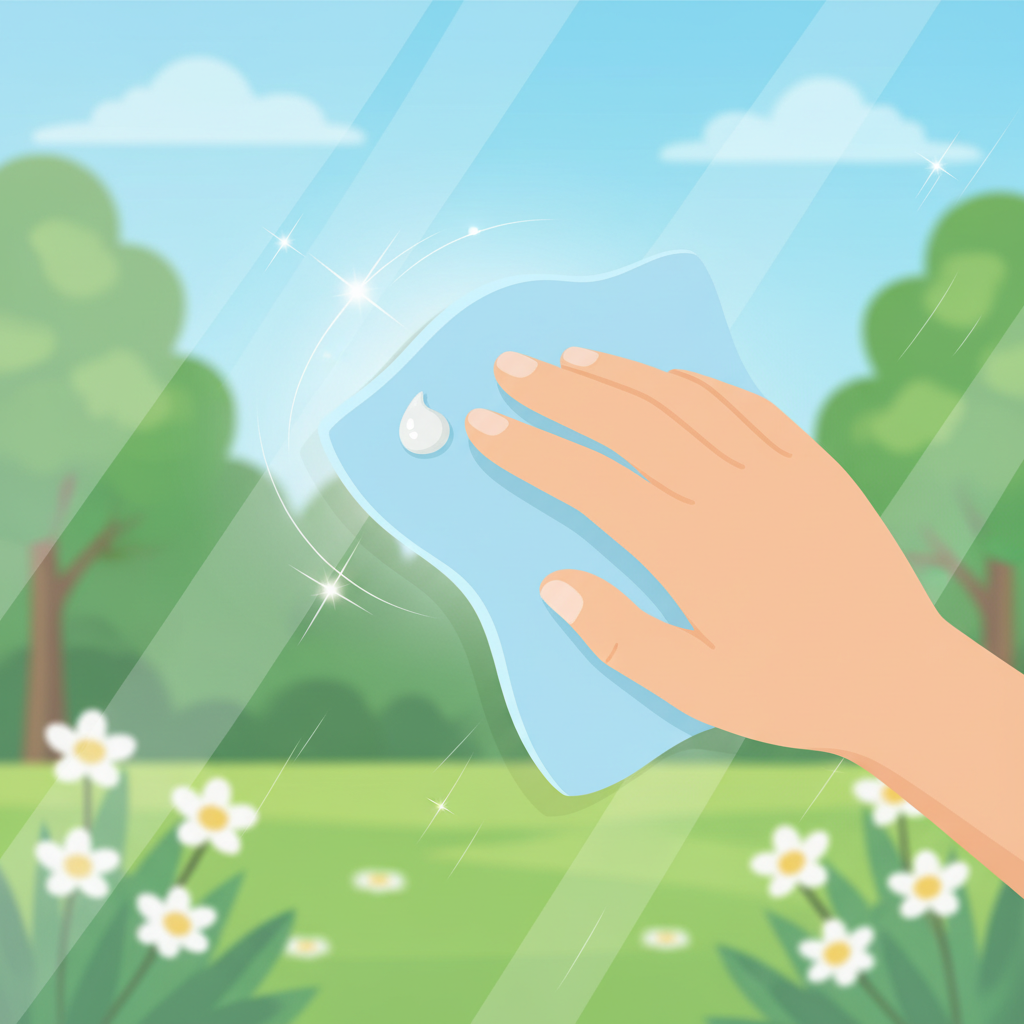 A brightly lit, detailed flat illustration showing a clean, clear window pane with a few subtle, superficial scratches. A human hand is gently polishing a specific scratched area with a soft, circular motion using a clean, lint-free cloth that has a small dab of a white, creamy paste (like polishing compound) on it. The focus is on the action of buffing and restoring the glass, with a hint of a sparkling effect where the polishing is taking place. The overall style is clean, modern, and inviting.