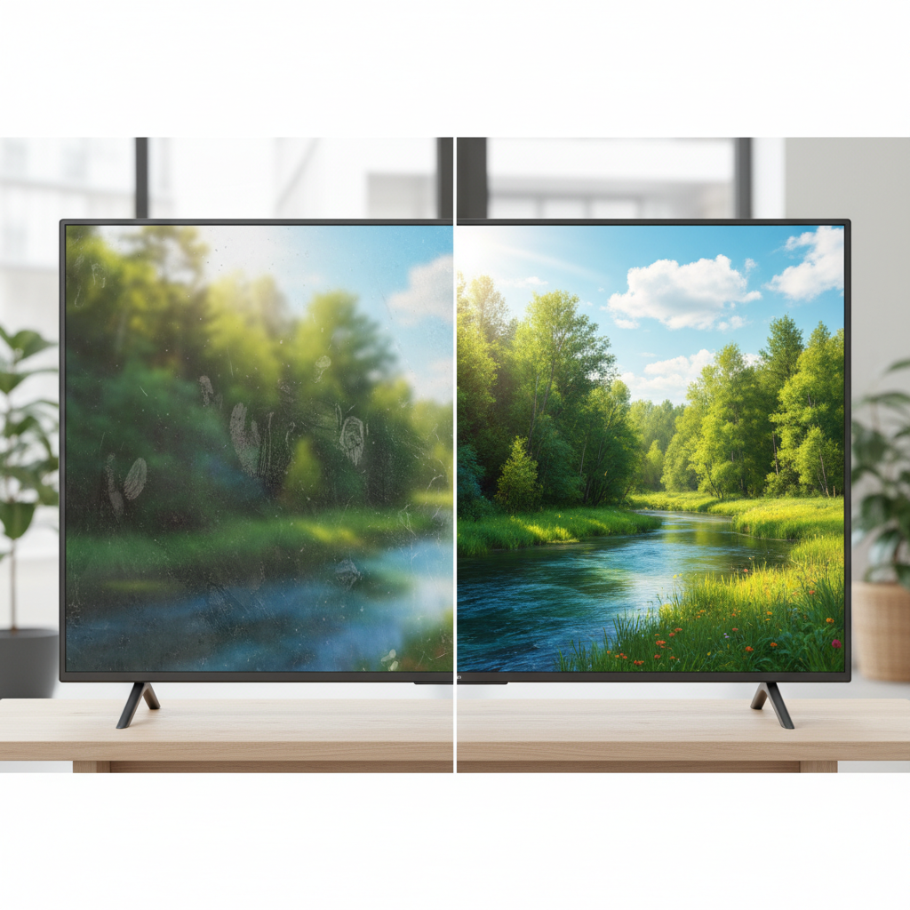 A visually striking split image of a modern flat-screen television. On the left side, the screen is visibly covered in a fine layer of dust, subtle smudges, and faint fingerprints, slightly obscuring the vibrant colors of a blurred nature scene displayed on it. On the right side, the exact same screen appears pristine, crystal clear, and sparkling, with the nature scene looking sharp and brilliant. The division between the dirty and clean halves is a smooth, slightly diagonal line. The overall aesthetic should be a professional photo, clean and illuminating the stark contrast.