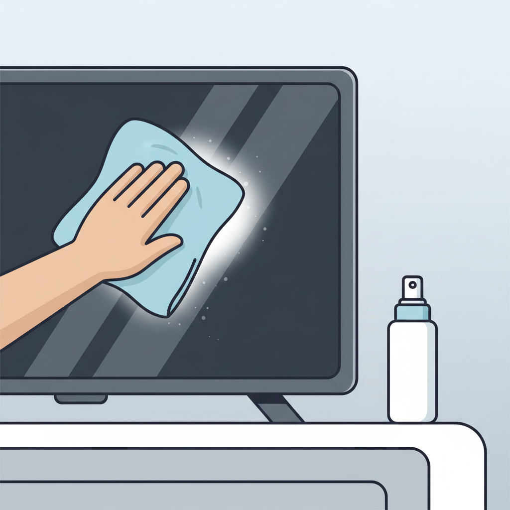 A detailed, close-up flat illustration depicting the proper, gentle cleaning of a modern flat-screen television. A soft, clean microfiber cloth is gently wiping a portion of the screen, creating a streak of pristine cleanliness. Next to the screen, a generic, sleek spray bottle, implying a screen-specific cleaning solution, is visible on a clean surface but not in direct contact with the screen. The background is simple and uncluttered, focusing entirely on the cleaning action and the tools. The illustration style should be clean, modern, and friendly, with soft colors and clear outlines, emphasizing care and precision.