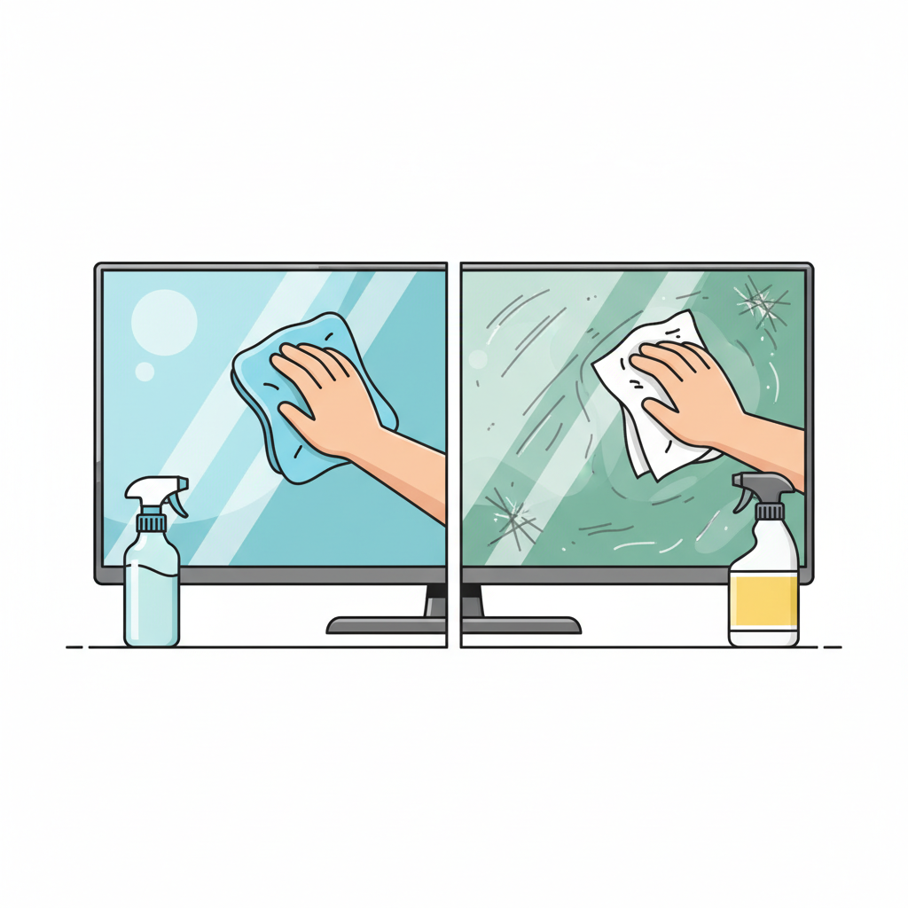 Eine klare, geteilte Illustration, die zwei TV-Bildschirme zeigt. Auf der linken Seite ein sauberer, glänzender Bildschirm, der von einer Hand mit einem weichen, blauen Mikrofasertuch sanft gereinigt wird. Eine Sprühflasche steht daneben und suggeriert eine milde Flüssigkeit. Auf der rechten Seite ein verschmierter, leicht beschädigter Bildschirm, der von einer Hand mit einem rauen Papiertuch und einer generischen gelben Reinigungsflasche bearbeitet wird. Der Kontrast zwischen der klaren und der beschädigten Oberfläche sollte deutlich sein. Stil: Flache, moderne Vektorillustration mit klaren Linien.