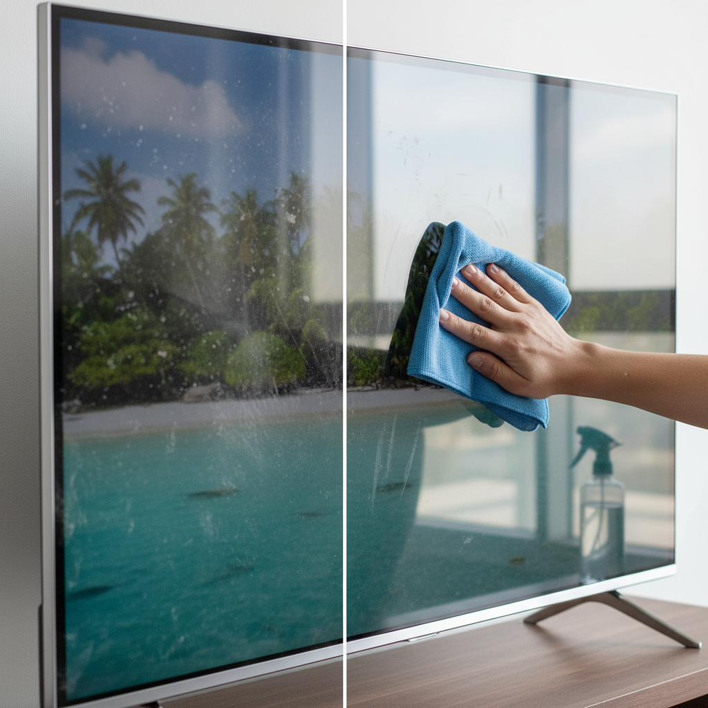A split-screen image of a modern flat-screen television. On the left side, the screen is visibly covered in a fine layer of dust, subtle smudges, and faint fingerprints, causing a dull and hazy appearance. On the right side, the same screen is immaculately clean, reflecting light beautifully and displaying a vibrant, crystal-clear image. A hand, gently holding a soft blue microfiber cloth, is in the process of wiping the screen, bridging the dirty and clean sections. A generic spray bottle for screen cleaner or distilled water is blurred in the background, suggesting the cleaning process. Professional photo style, bright and clean lighting.