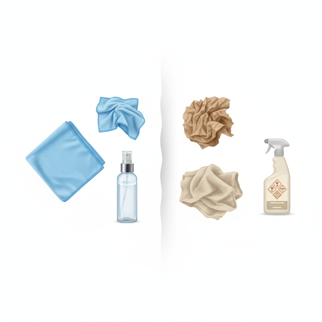 A clean, infographic-style illustration comparing suitable and unsuitable tools for TV screen cleaning. On one side, two pristine, soft blue microfiber cloths (one neatly folded, one slightly bunched) are arranged next to a sleek, transparent spray bottle filled with clear liquid, implying a gentle screen cleaner or distilled water. On the opposite side, crumpled, harsh-looking paper towels, a textured, lint-prone kitchen towel, and a generic, aggressively labeled cleaning spray bottle are displayed, appearing visibly unsuitable due to their texture and presentation. The background is simple and bright, emphasizing the clear distinction between the items.