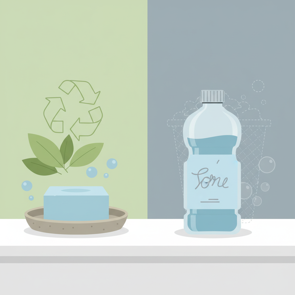 A vibrant flat illustration contrasting solid dish soap with liquid dish soap. On one side, a compact, minimalist block of solid dish soap rests on a simple, eco-friendly dish, perhaps made of wood or ceramic. Behind it, subtle green leaf motifs or a recycled arrow symbol float. On the other side, a generic plastic bottle of liquid dish soap appears, possibly with a faint, transparent 'waste' or 'landfill' outline around it. The overall scene is clean, bright, and emphasizes sustainability and the reduced environmental footprint of the solid option in a modern kitchen setting, with no text.