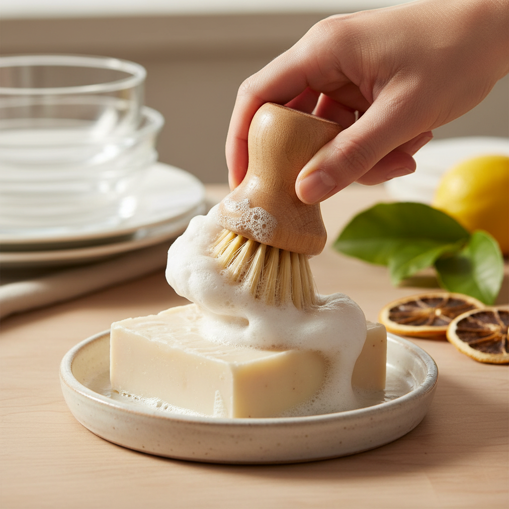 A professional, bright still-life photograph capturing the sensory experience and effectiveness of solid dish soap. A close-up shows a human hand (clean, neutral gender) holding a natural-bristle dish brush, gently swirling it onto a beautifully textured, artisanal-looking block of solid dish soap. Rich, creamy lather is visibly forming. The background is softly blurred, hinting at clean, sparkling dishes or fresh, natural ingredients, reinforcing the product's cleaning power and natural composition. Soft, natural light illuminates the scene, creating a clean and inviting atmosphere, with no text.