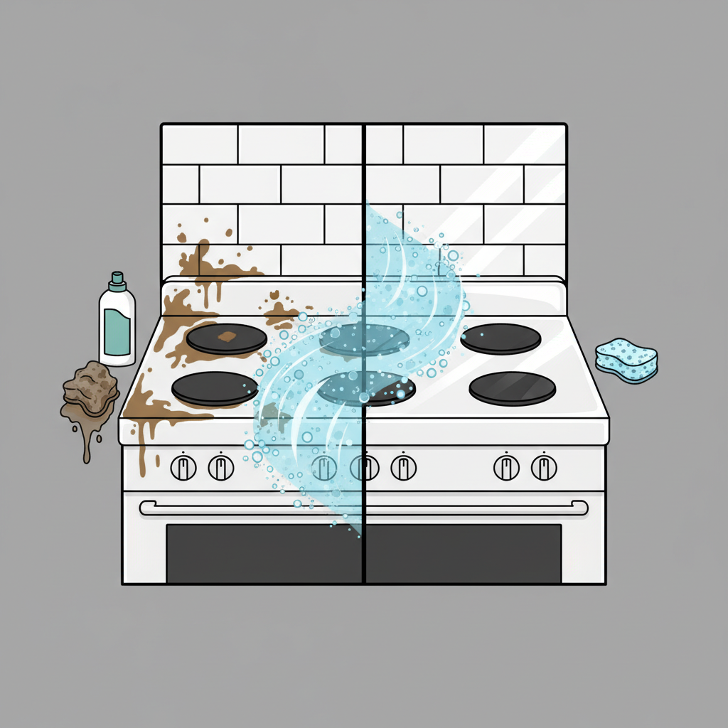 A split-scene illustration or a 'before and after' concept. On the left, a section of a kitchen surface (e.g., a stove top or backsplash) is visibly covered in stubborn, baked-on grease splatters, looking dull and unclean. On the right, the exact same area is sparkling clean, radiant, and reflective, with light glinting off its pristine surface. A subtle, dynamic visual effect, like dissolving particles or a 'wave' of cleanliness, bridges the transformation from dirty to spotless. Flat illustration style with clear lines and vibrant contrast.