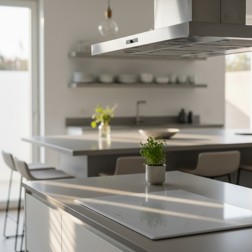 A professional photo of a modern, immaculately clean kitchen corner. The focus is on gleaming, reflective surfaces such as a stainless steel range hood, a pristine countertop, and a shiny ceramic cooktop. Subtle rays of light highlight the spotless, radiant quality of these areas, emphasizing the absence of grease and grime. The overall atmosphere conveys freshness, hygiene, and a welcoming feel, with perhaps a blurred background of a tidy kitchen. Realistic, high-quality photographic style with natural lighting.