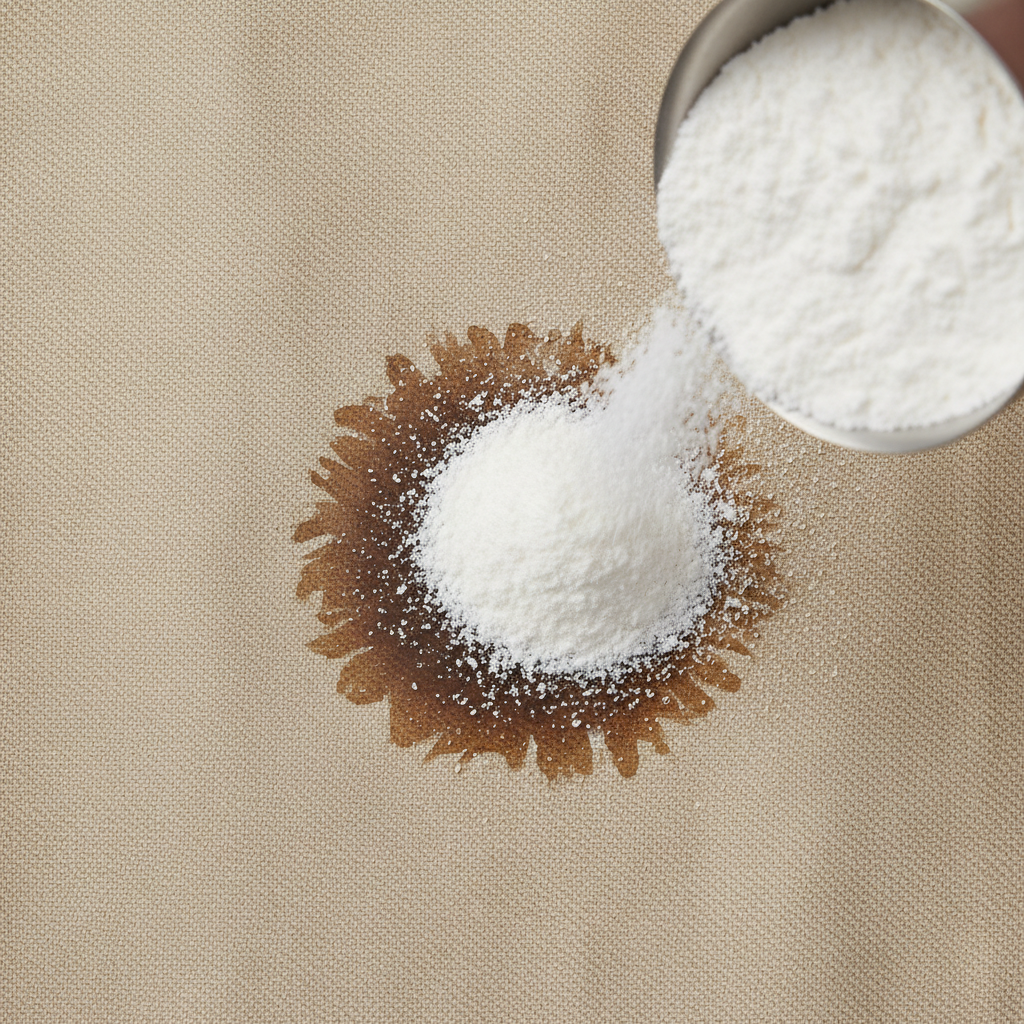 A detailed close-up, top-down view of a section of a beige or light-colored jacket fabric with a visible, fresh, circular grease stain. A hand (barely visible) or a small scoop is gently sprinkling a fine white powder, like cornstarch or baking soda, directly onto the center of the grease stain. The powder should be accumulating on top of the stain, beginning to cover it. The fabric texture should be clear, showing the weave of the jacket material. The lighting is bright and even, creating a clean and instructional feel. Style: Professional, clean studio photo, instructional illustration.